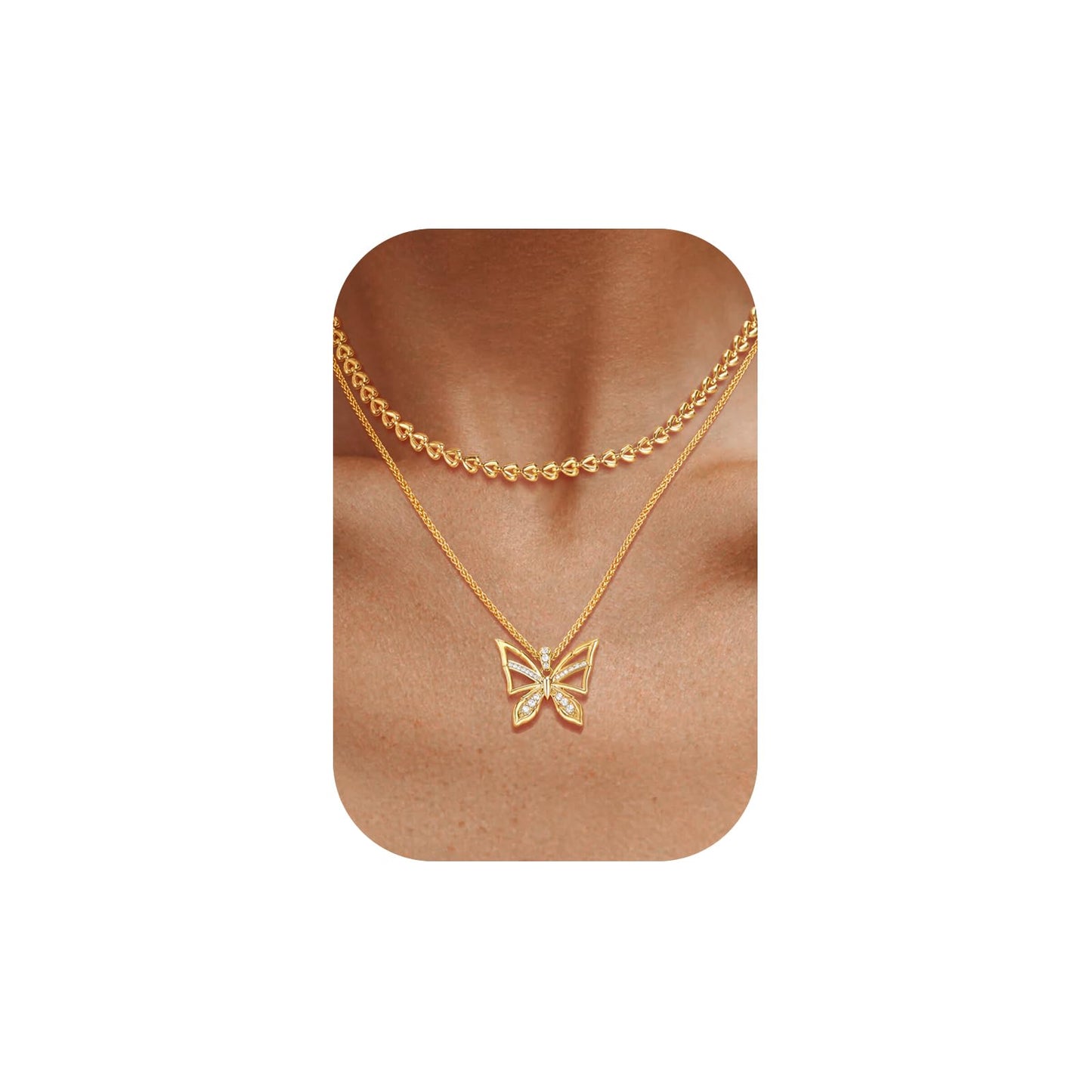 MEVECCO Gold Butterfly Layered Necklace for Women 18K Gold Plated Dainty CZ Charm Choker Chain Double Layer Pendant Necklace Stack Minimalist Handmade Layering Jewelry Set Gift