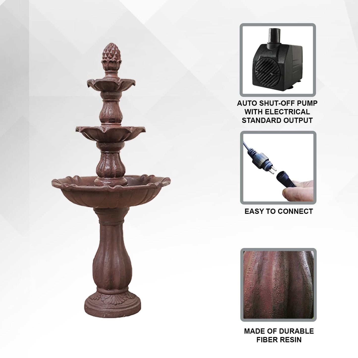 XBrand 3-Tier Freestanding Waterfall Fountain w/Pump & Pineapple Top, 51 Inch Tall, Brown, Large Outdoor Garden Fountain, Ideal for Garden, Porch, and Lawn