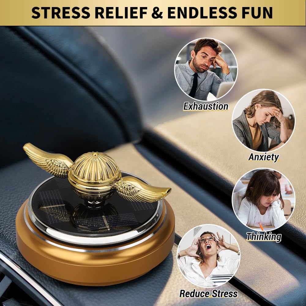 Golden Fidget Spinner Solar Energy Toy, Car Air Freshener Dashboard Decoration Powered by Sunshine, Cool Science Kit Spinning Ball Toy with Solar Panels, Premium Gift for Boyfriend Men Women