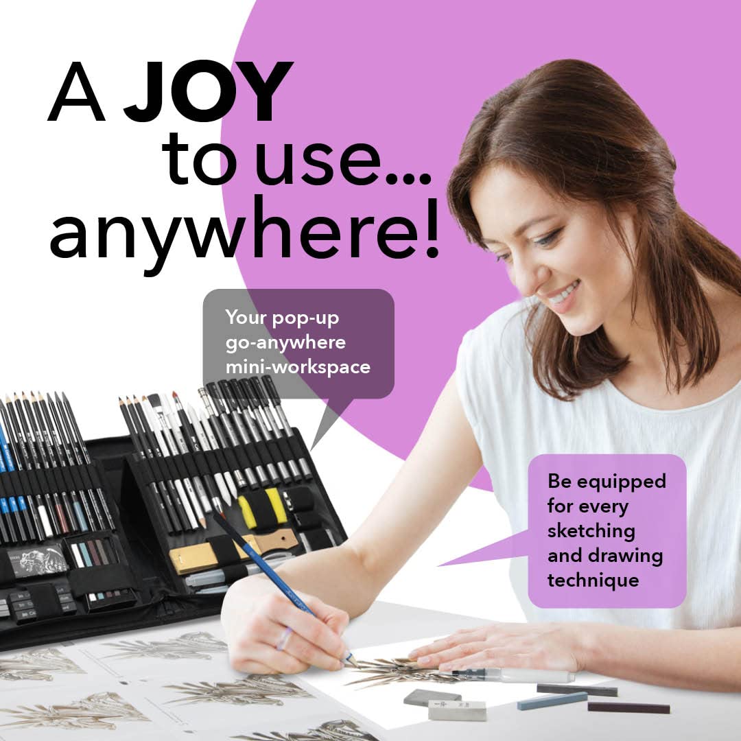 Castle Art Supplies 60 Piece Drawing & Sketching Set | Quality Graphite, Charcoal, Pastel, Water Soluble Pencils + Sticks, Fineliners | for Professional and Adult Artists | in Carry-Anywhere Zip Case