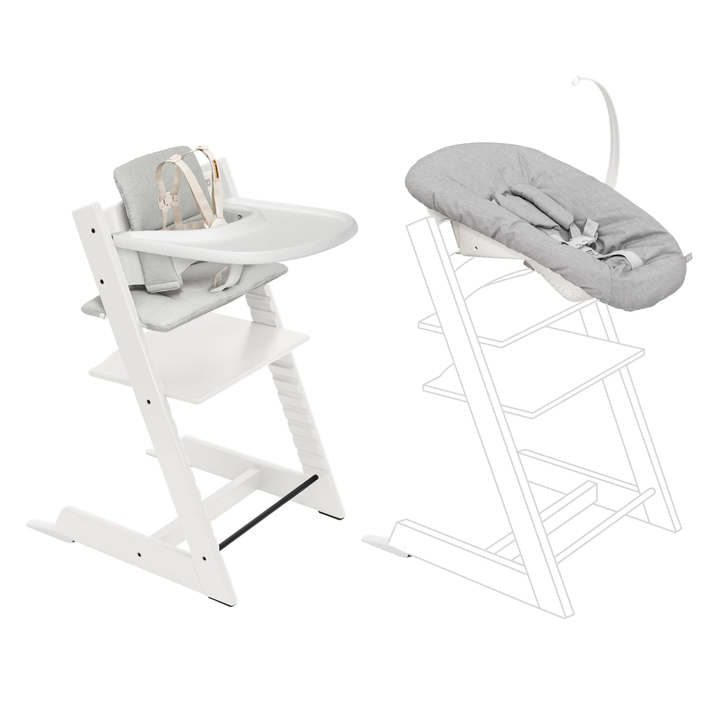 Stokke Tripp Trapp High Chair 2 (White) + Newborn Set + Cushion 2 (Nordic Grey) + Stokke Tray (White) - Includes Chair & Baby Set with Removable Harness for Children 6-36 Months