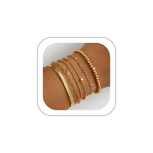 VIROMY Gold Bracelets for Women Waterproof,14K Gold Plated Layered Stackable Bead Bracelet Adjustable Size Jewelry Sets Gifts 6PCS