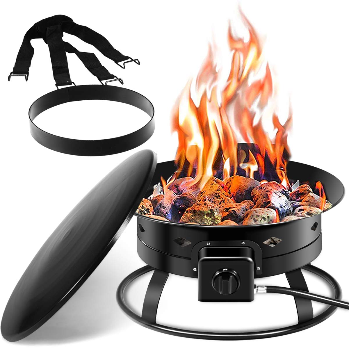 Giantex Portable Propane Fire Pit, 19" Outdoor Firepit, 58,000BTU Fire Bowl w/Cover & Carry Kit,Lava Rock Stone & Tank Stabilizer Ring, Gas Fire Pit for Outside Camping,Patio, Backyard, Black