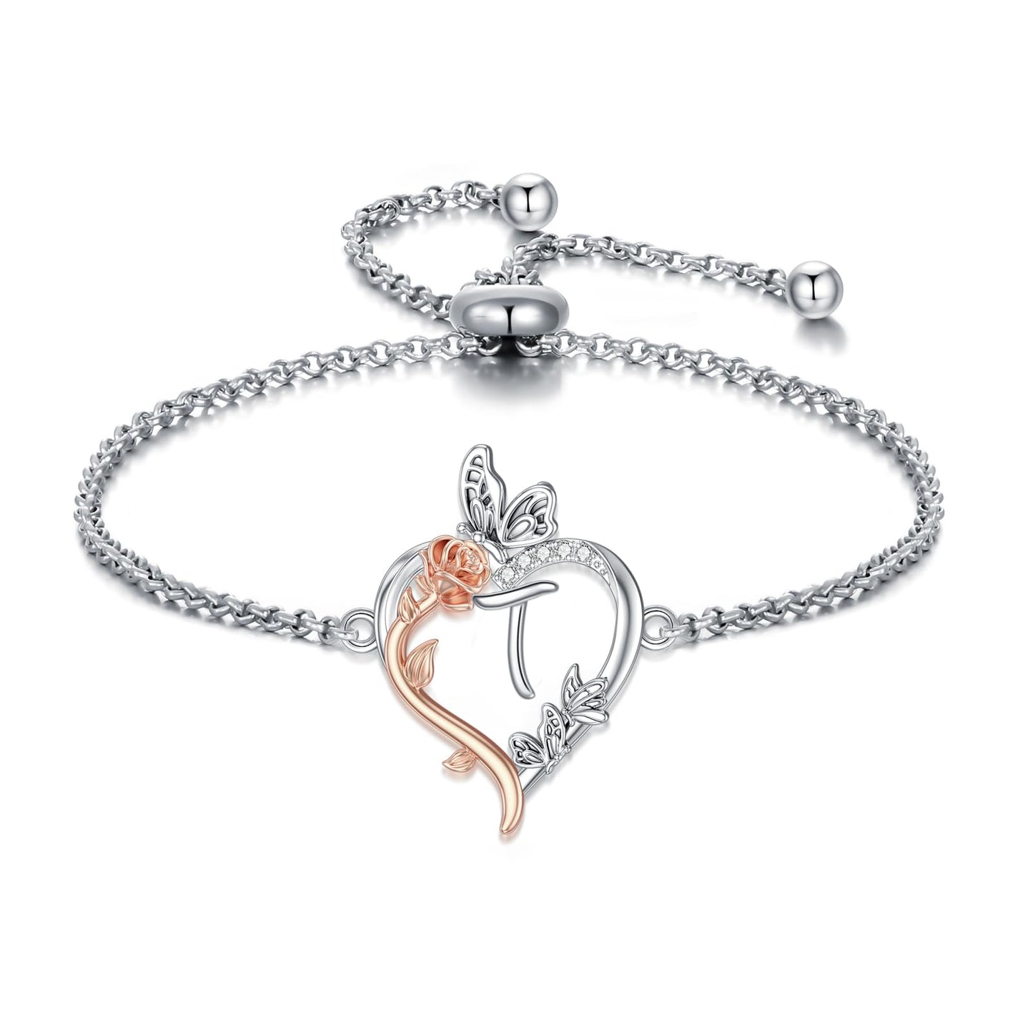TOUPOP Rose Heart Bracelet for Women Sterling Silver Heart Initial T Letter Bracelet Butterfly Love Jewelry Anniversary Birthday Mothers Day Gifts for Mom Wife Her Girlfriend