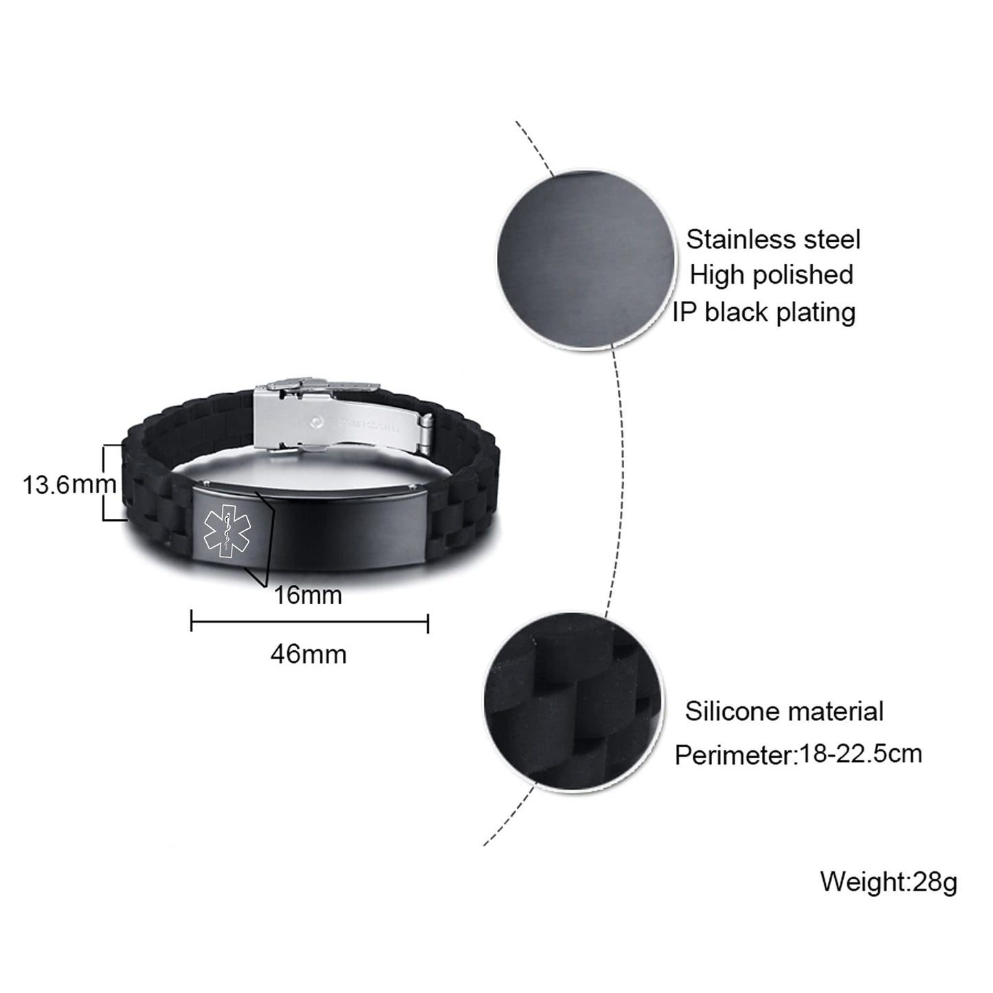 VNOX Type 2 Diabetes Medical Alert ID Black Silicone Rubber Stainless Steel Adjust Bracelet Wristband for Men