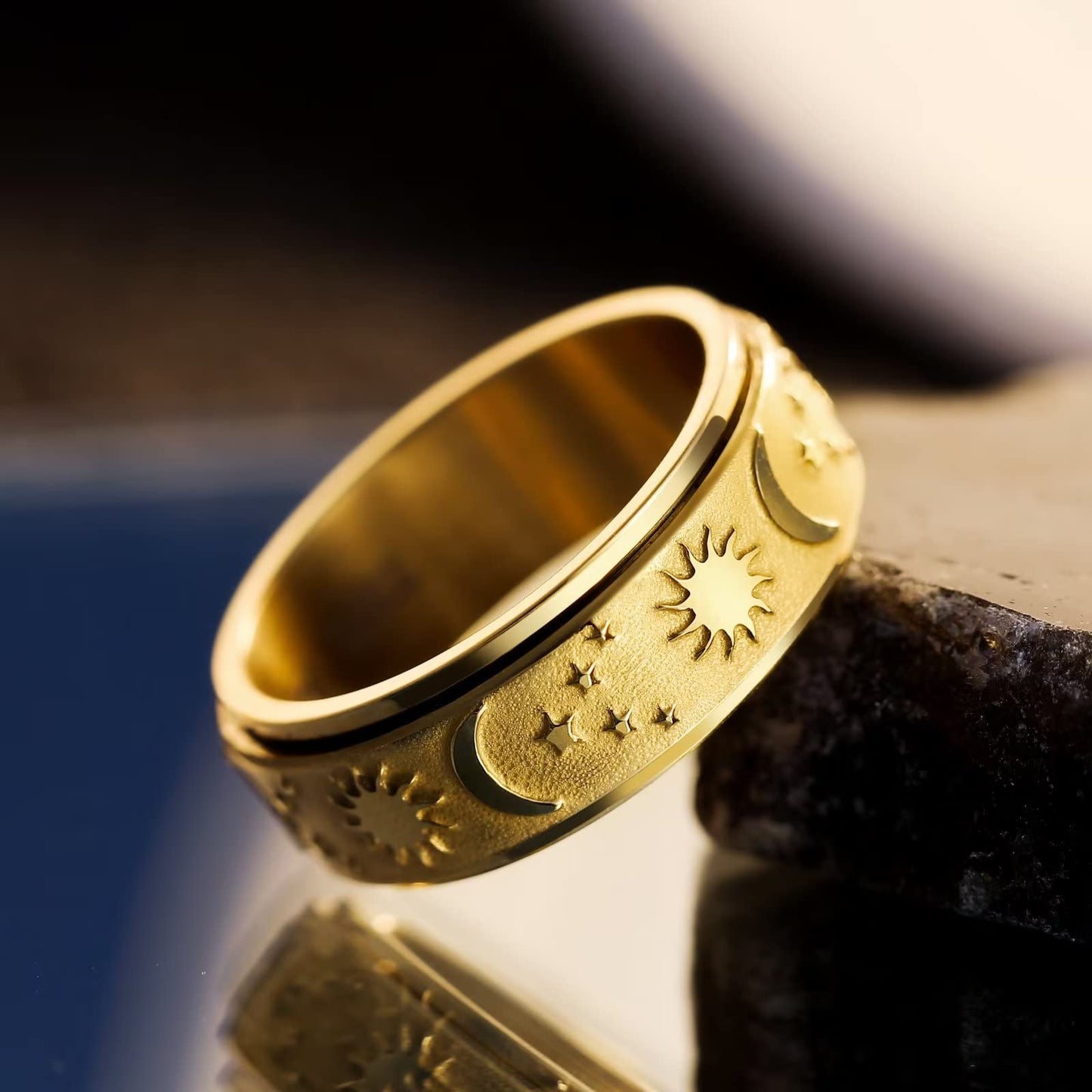 King Will Mens Fidget Ring Old Gold 8mm Stainless Steel Ring Spinner Ring For Men Women Stress Anxiety Relief Rotating Ring Finger Teens Toy Moon Sun Star Comfort Fit For Unisex Adults 7