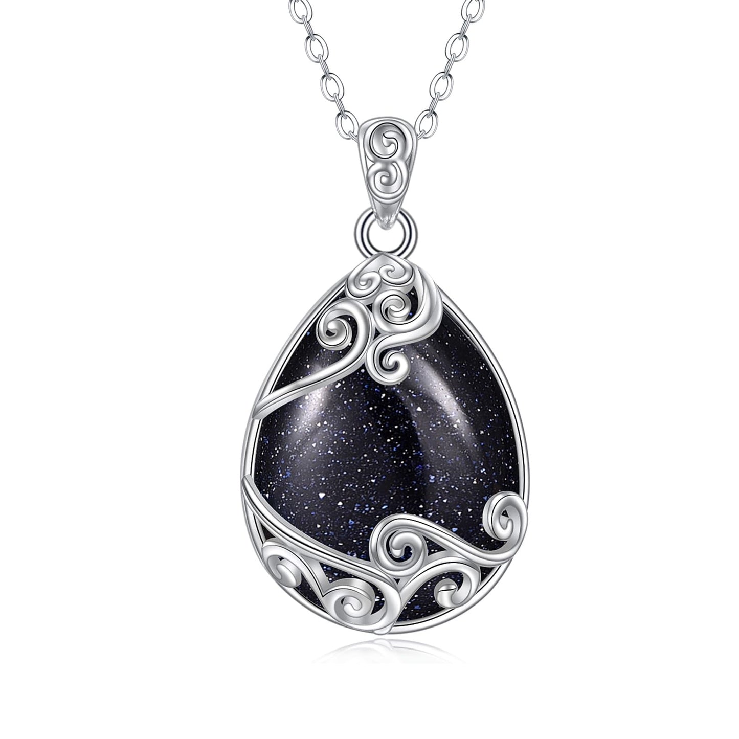 YAFEINI 925 Sterling Silver Blue Sandstone Necklace Filigree Teardrop Pendant Necklace Jewelry for Women (FF-Blue Sandstone Filigree Necklace)