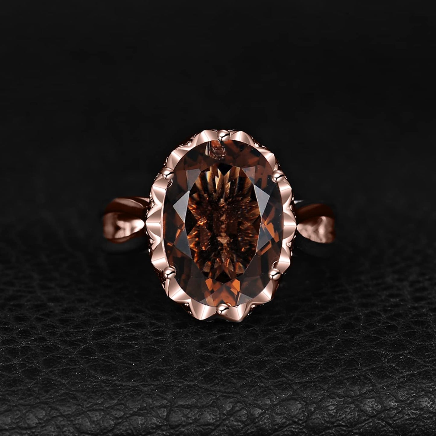 JewelryPalace Huge Oval Shape 5.7ct Genuine Smoky Quartz Cocktail Rings for Her, 14K Rose Gold Plated 925 Sterling Silver Ring for Women, Natural Gemstone Jewelry Sets Rings 9