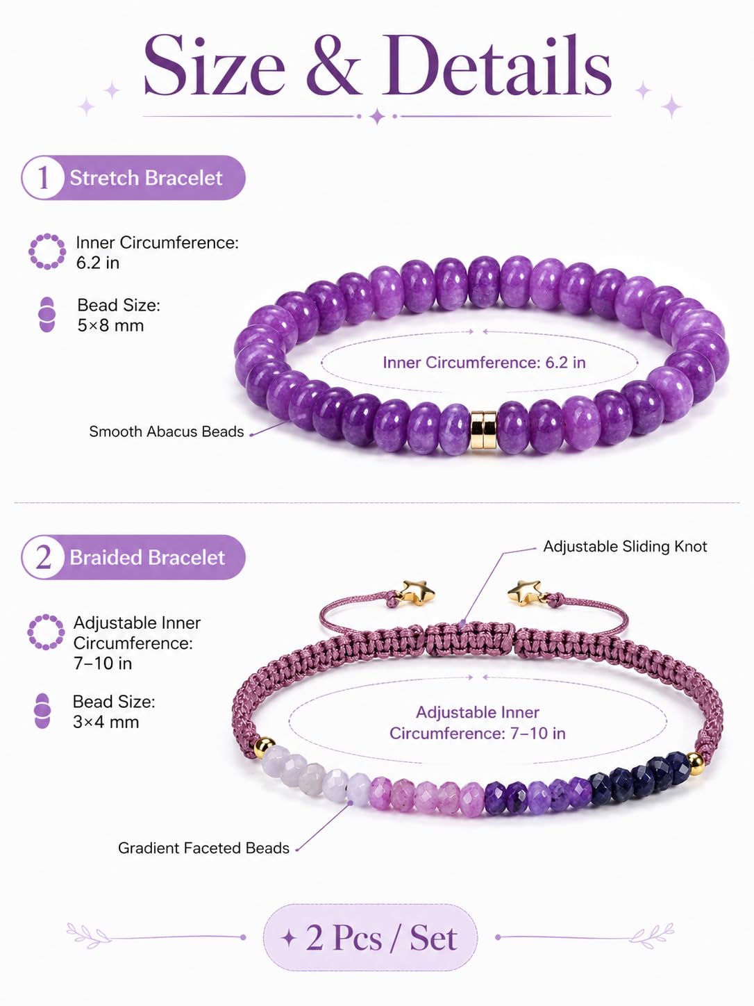 CrystalTears Purple Jade Beaded Bracelets for Women, 2pcs Stackable Boho Crystal Gemstone Bracelets Set with Stretch Bracelet and Adjustable Braided Bracelet Summer Beach Jewelry Gifts for Women Her