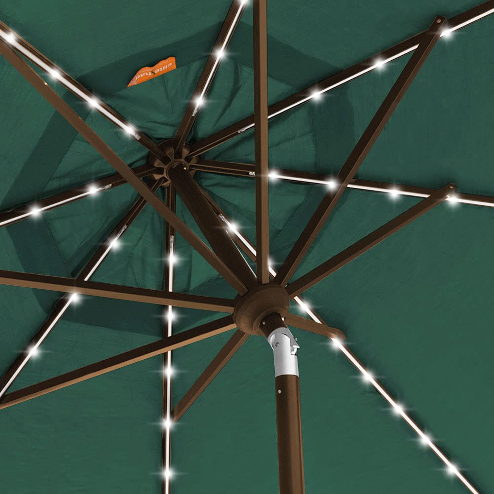 EliteShade USA 10-Year-Non-Fading 9ft Market Patio Umbrella, Commercial Grade Table Sun Umbrella with 80 Solar LED Lights, Crank Open, Windproof & UPF 50+ UV Protection for Garden, Deck, Pool, Backyard, Forest Green