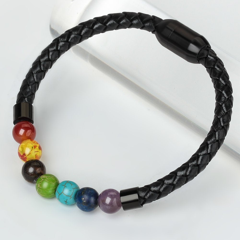Ckysee 7 Chakra Real Stone Healing Bracelet Genuine Leather Braided with Magnetic Clasp Mens Best Gift Jewelry 8.5"