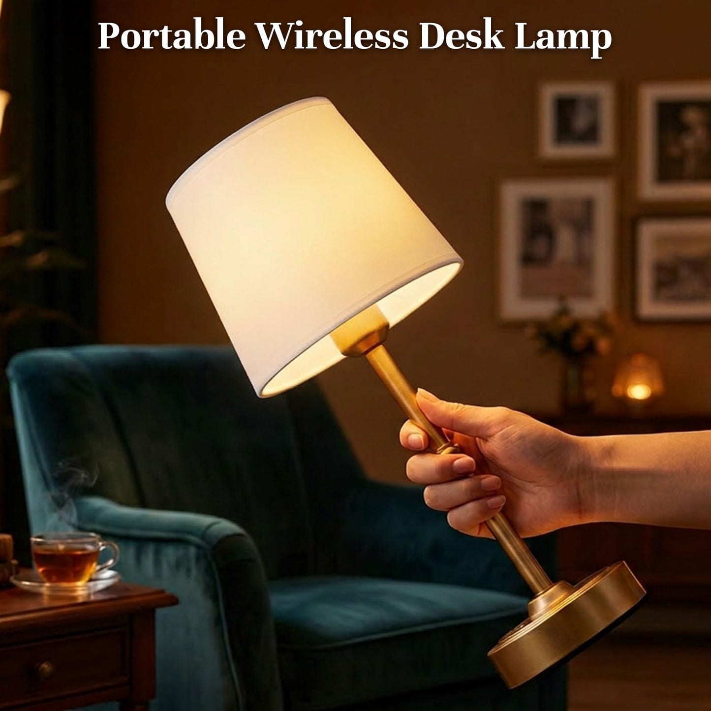 Cordless Table Lamp Rechargeable, Portable Battery Operated Light for Bedroom Living Room, 6000mAh Fabric Shade Desk Lamp 3000K Eye-Caring Home Decor for Dining Balcony Patio Counter Nightstand Hotel