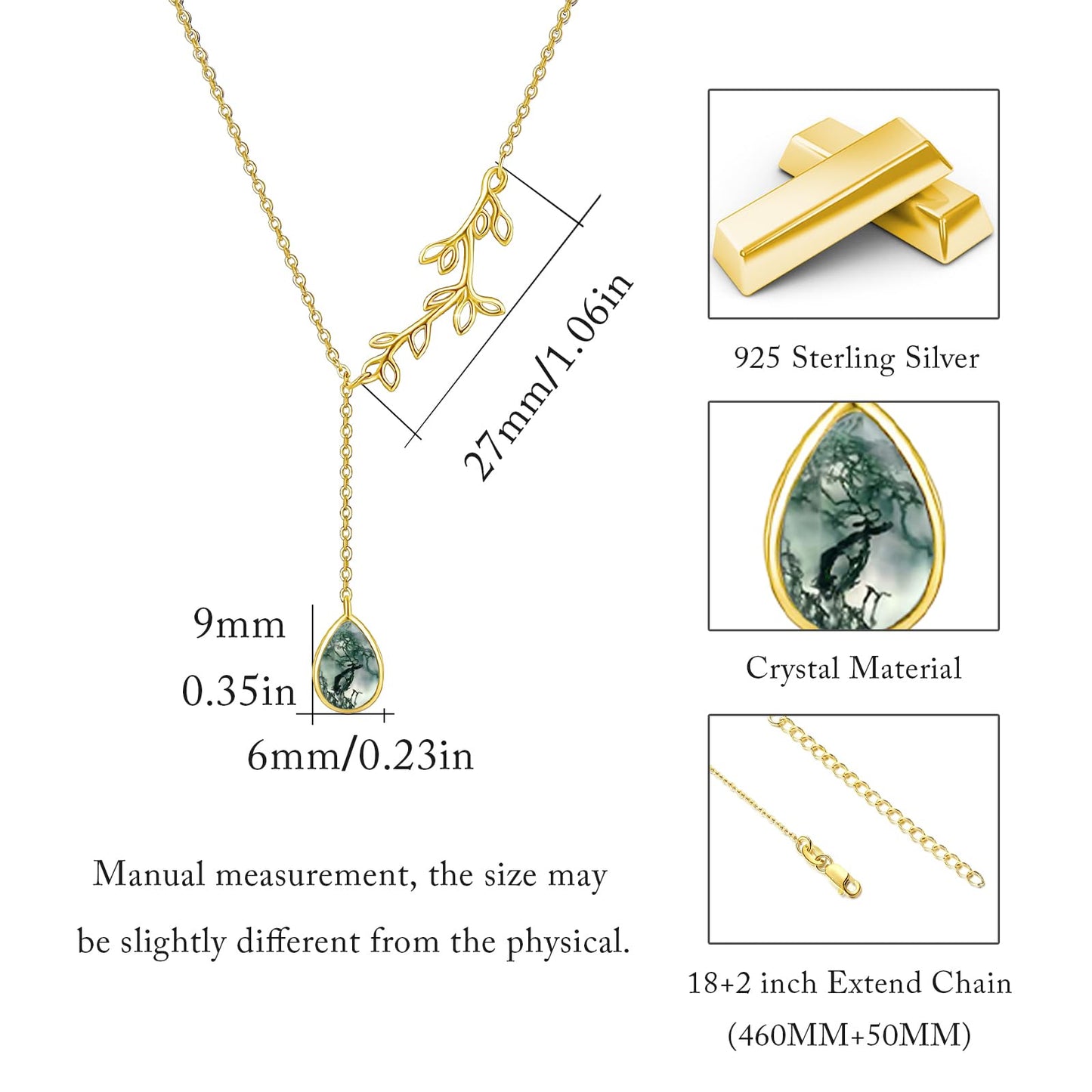 Silikepa Leaf Necklace for Women 925 Sterling Silver Gold Leaf Pendant Necklace Y Chain with Moss Agate Jewelry Gifts for Women