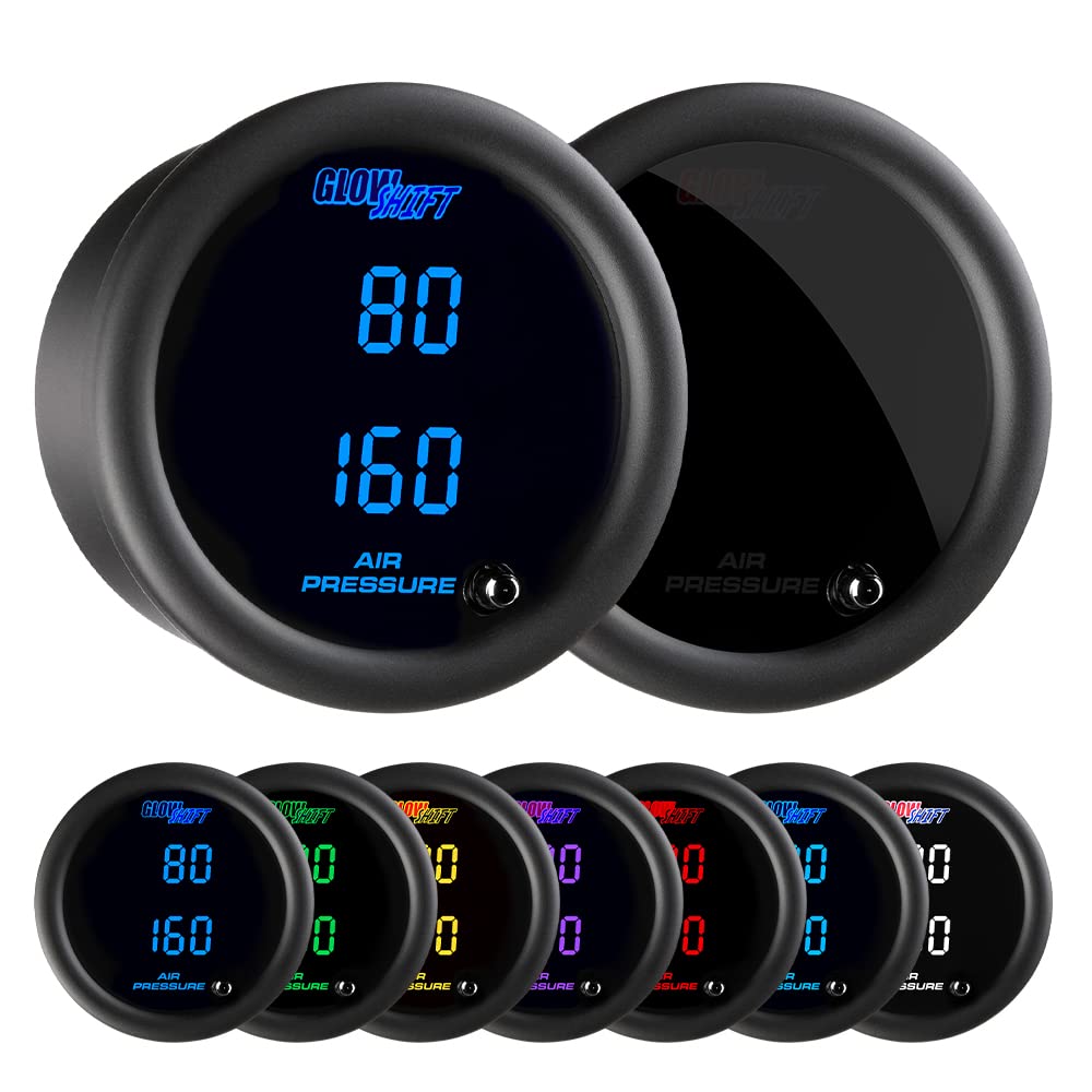 GlowShift Tinted 7 Color Dual Digital 220 PSI Air Pressure Gauge Kit - for Air Ride Suspension Systems - Includes 2 Electronic Sensors - Multi-Color LED Display - Smoked Lens - 2-1/16" 52mm