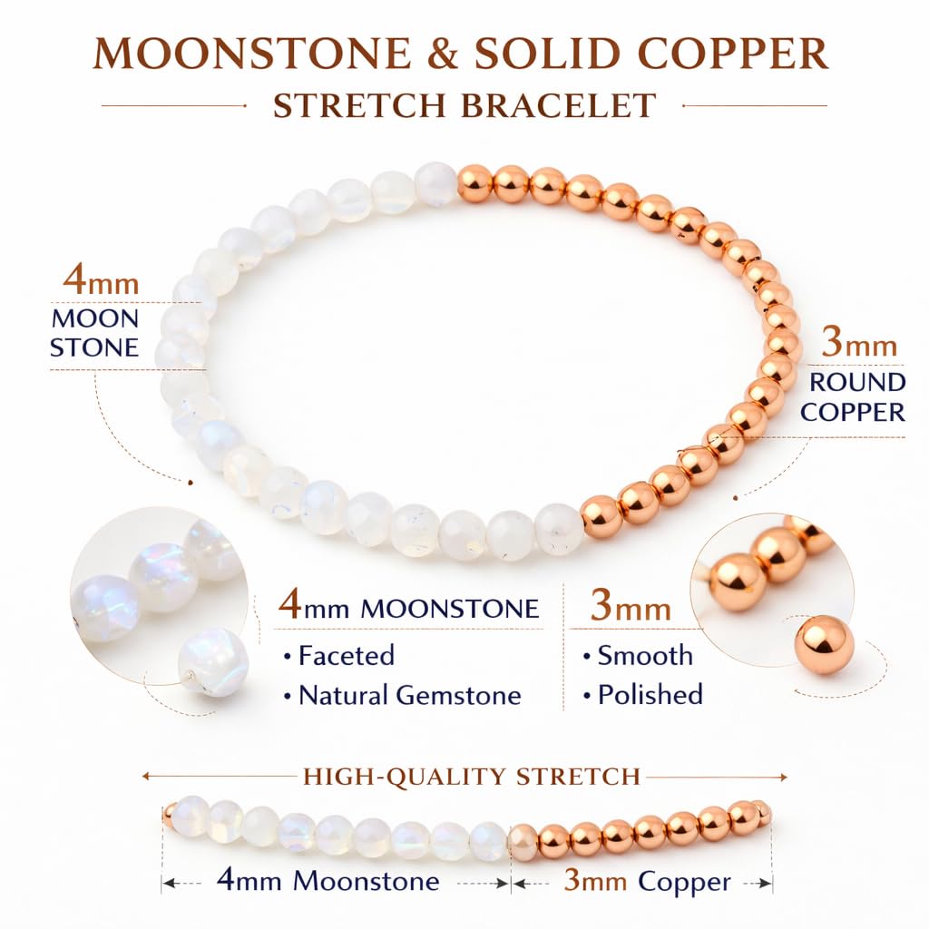 The Blue Yogi Moonstone & Natural Copper Bead Bracelet for Men & Women – Healing Crystal Energy Bracelet for Protection & Positivity