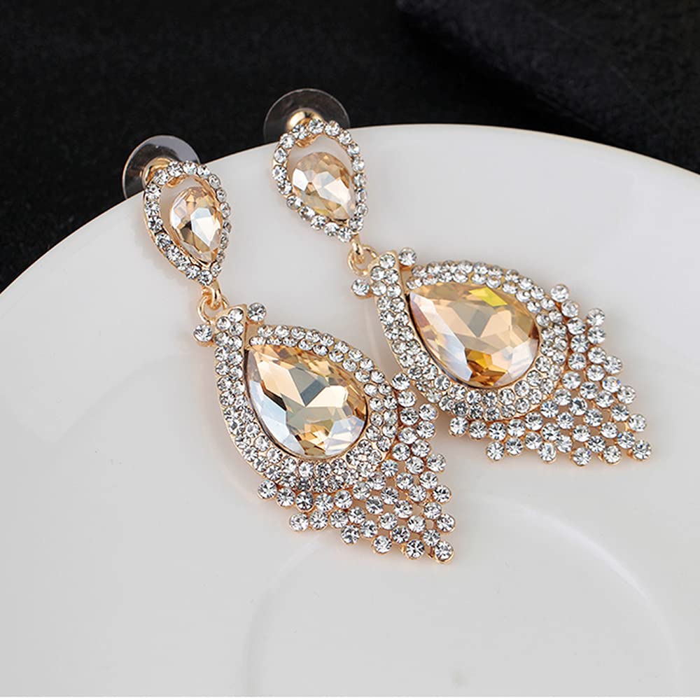 JWICOS Bridal Wedding Earrings for Women Brides Crystal Rhinestones Dangle Teardrop Chandelier Earrings for Prom or Pageant (champagne)