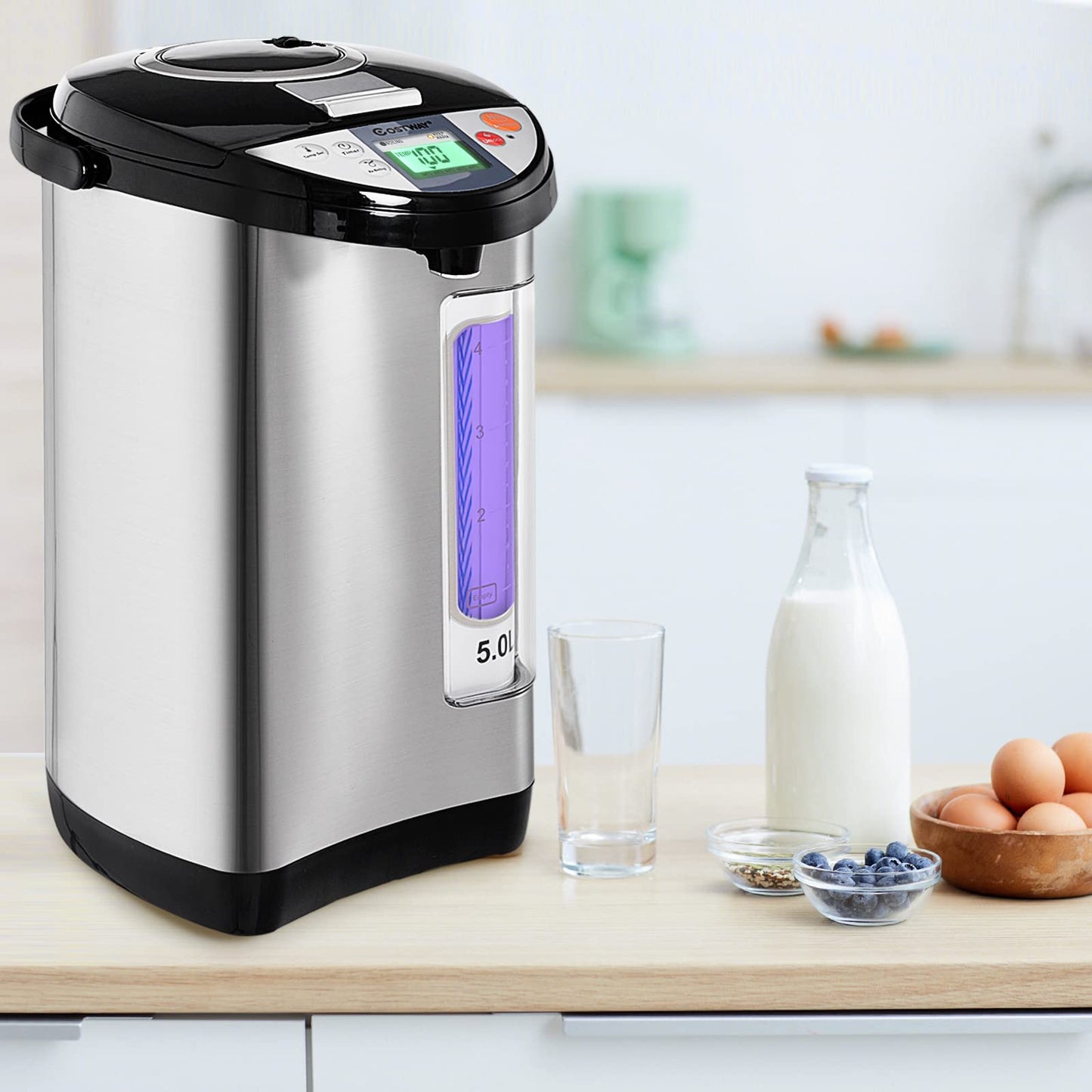 COSTWAY Instant Electric Hot Water Boiler and Warmer, 5-Liter LCD Water Pot with 5 Stage Temperature Settings, Safety Lock to Prevent Spillage, Stainless Steel Hot Water Dispenser
