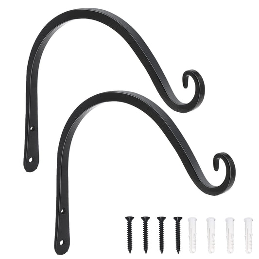 LOOGI Hanging Plant Bracket, Wall Hook Plant Hanger Decorative Hooks for Indoor Planter Lantern, Outdoor Bird Feeder Wind Chime, 2 Pack Black (8 Inch C)