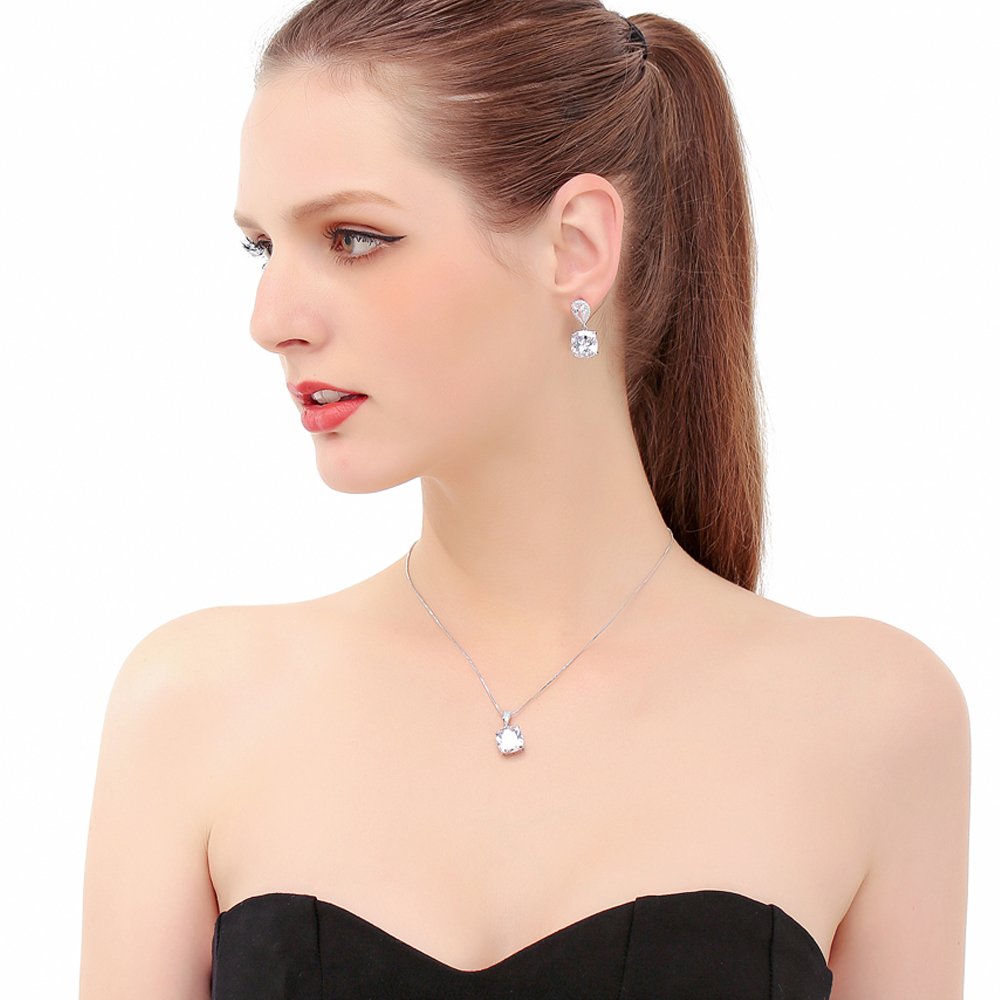 AMYJANE Jewelry Set - Women's Sterling Silver Square Teardrop Clear CZ Rhinestone Necklace and Earrings Set Bridal Jewelry Sets for Wedding Bride Bridesmaids Mother of Bride