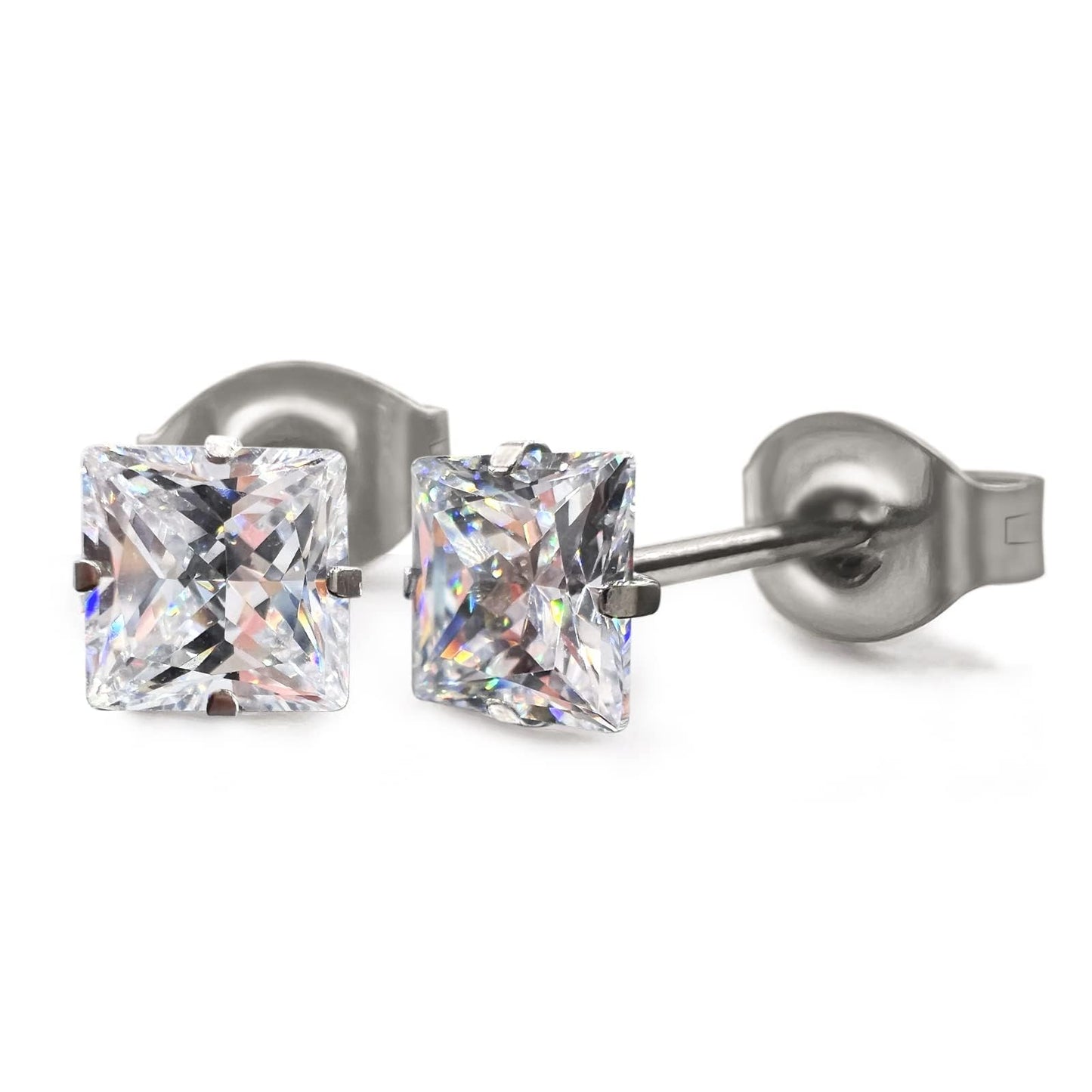Limerencia G23 Pure Titanium Earrings F136 Implant Grade Titanium Studs 20G Hypoallergenic Round Cubic Zirconia/Princess-Cut/Square/Ball Earrings for Women Men Sensitive Ears(5mm Square CZ)