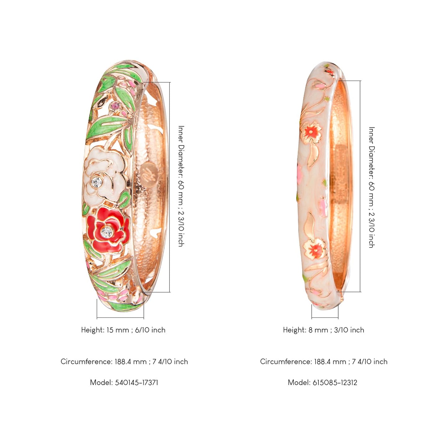 UJOY Women Cloisonne Bracelet Multi-Colors Gold Plated Rhinestone Flower Hollowed Enameled Hinged Cuff Bangles Jewelry Gift 88A10-3PCS Cream White