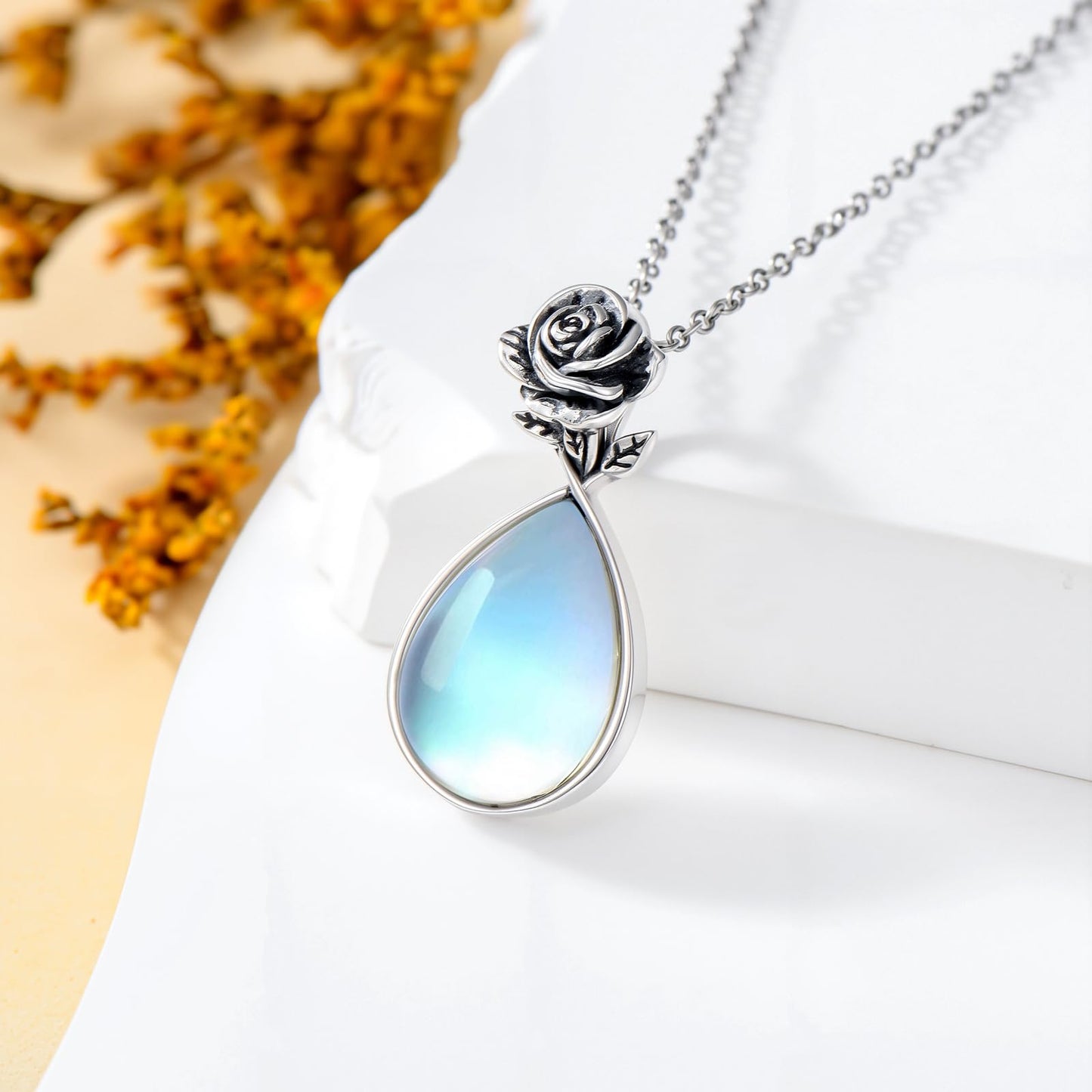 OUTANG Moonstone Necklace for Women 925 Sterling Silver Moonstone Rose Flower Pendant Ladies Floral Jewelry Gifts