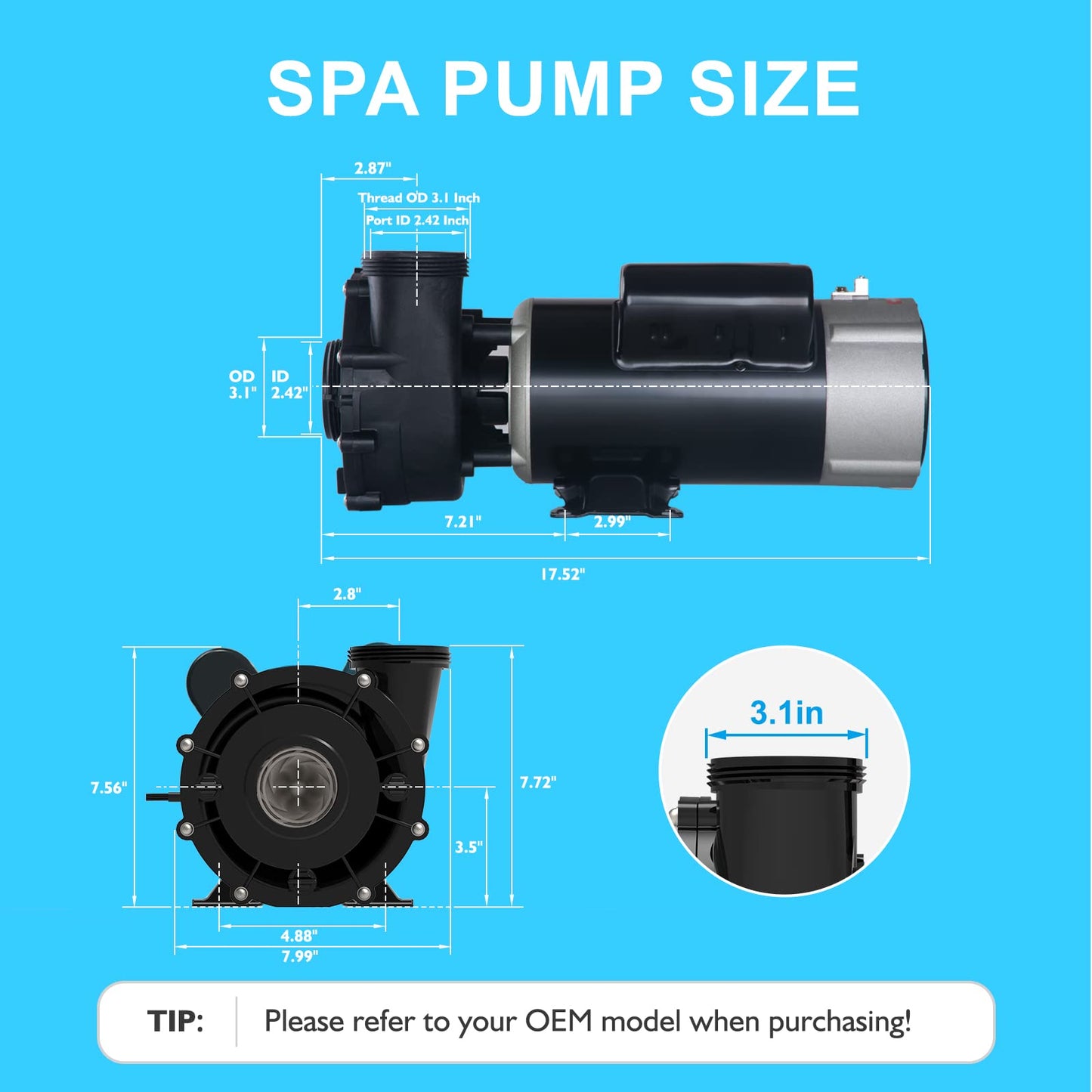 LINGXIAO SPA Pump, 3HP Hot Tub Pump - 2 Speed LX SPA Motor 230V/ 60HZ, 2" Port, 48 Frame(Y) - (Model: 48WUA2002C-II)