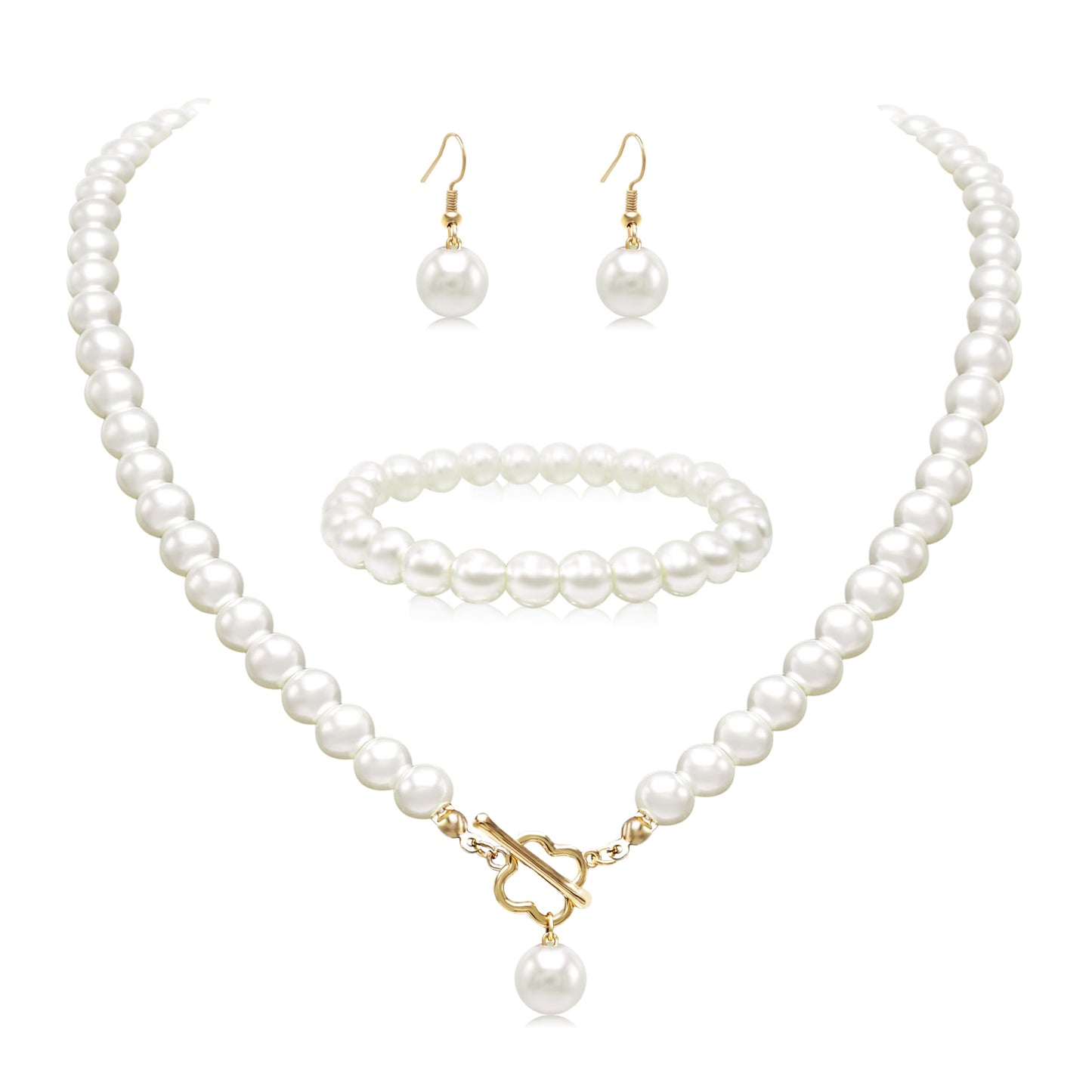 Cryshimmer Pearl Choker Necklace for Women 16K Gold Plated Faux Pearl Beads Strand Necklace Bracelet Earring Set Costume Jewelry(4-leaf Clover Clasp-3PCS)