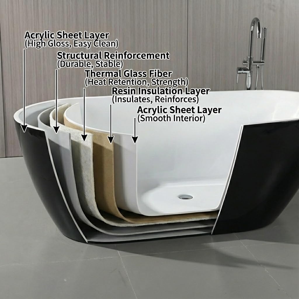 67" Freestanding Acrylic Bathtub, Deep Soaking Tub with Non-Slip Base & Chrome Drain, cUPC Certified, Easy Install, Space-Saving Bathtub, Modern Tub for Bathrooms, Black Upturned