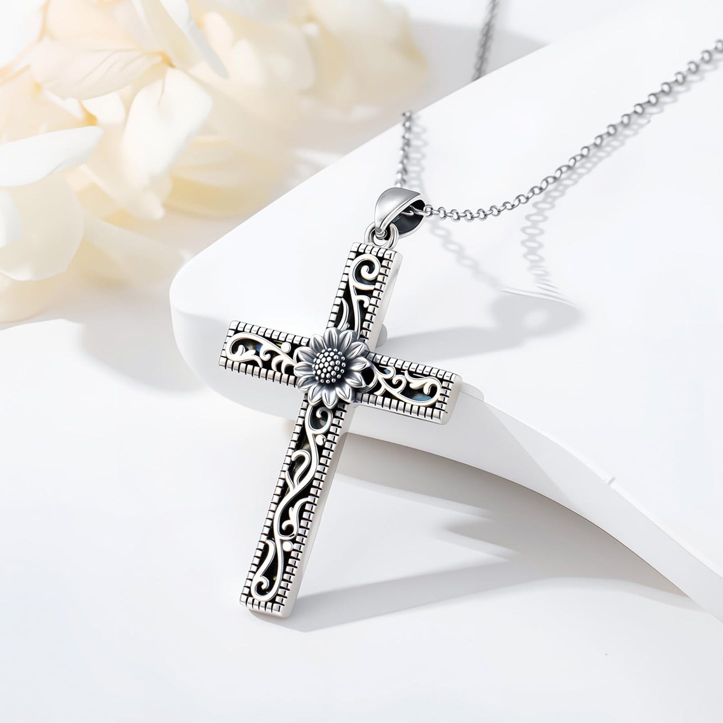 KoyeKei Sunflower Necklace for Women 925 Sterling Silver Sunflower Gifts Filigree Cross Pendant Religious Faith Graduation Jewelry Mothers Day Gift for Mom Wife Sister Christian