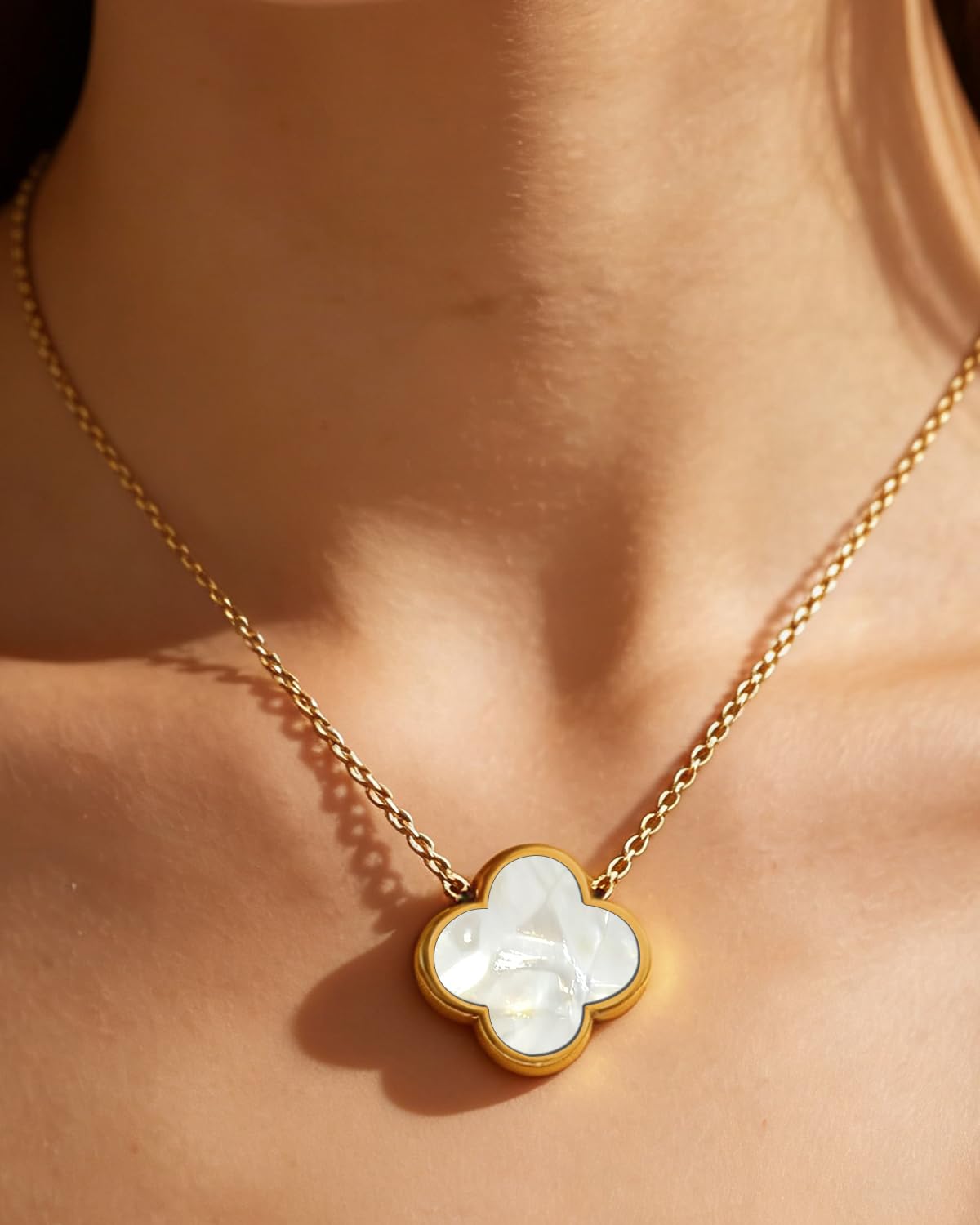 Aimétte Monette 18K Gold Plated Necklaces for Women, Dainty Lucky Four Leaf Clover Gold Necklace Set 2 Side Clover Charm Necklace, Fashion Jewelry Gifts for Women Red and White