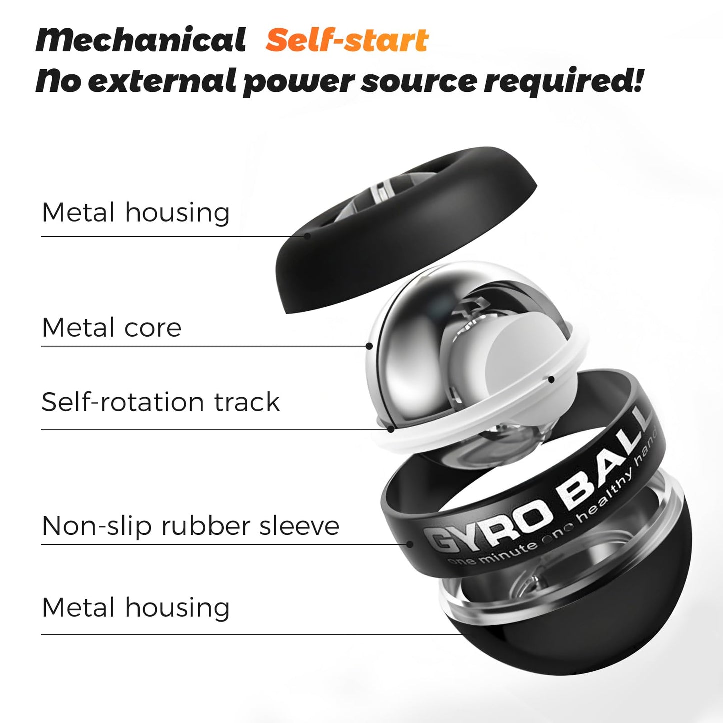 BeSokar Gyroball - Matte Black Case & Forearm Trainer, 5-Level Adjustable Resistance with LED Lights, Matte Black Gyroscopic Power Ball for Grip & Arm Strength
