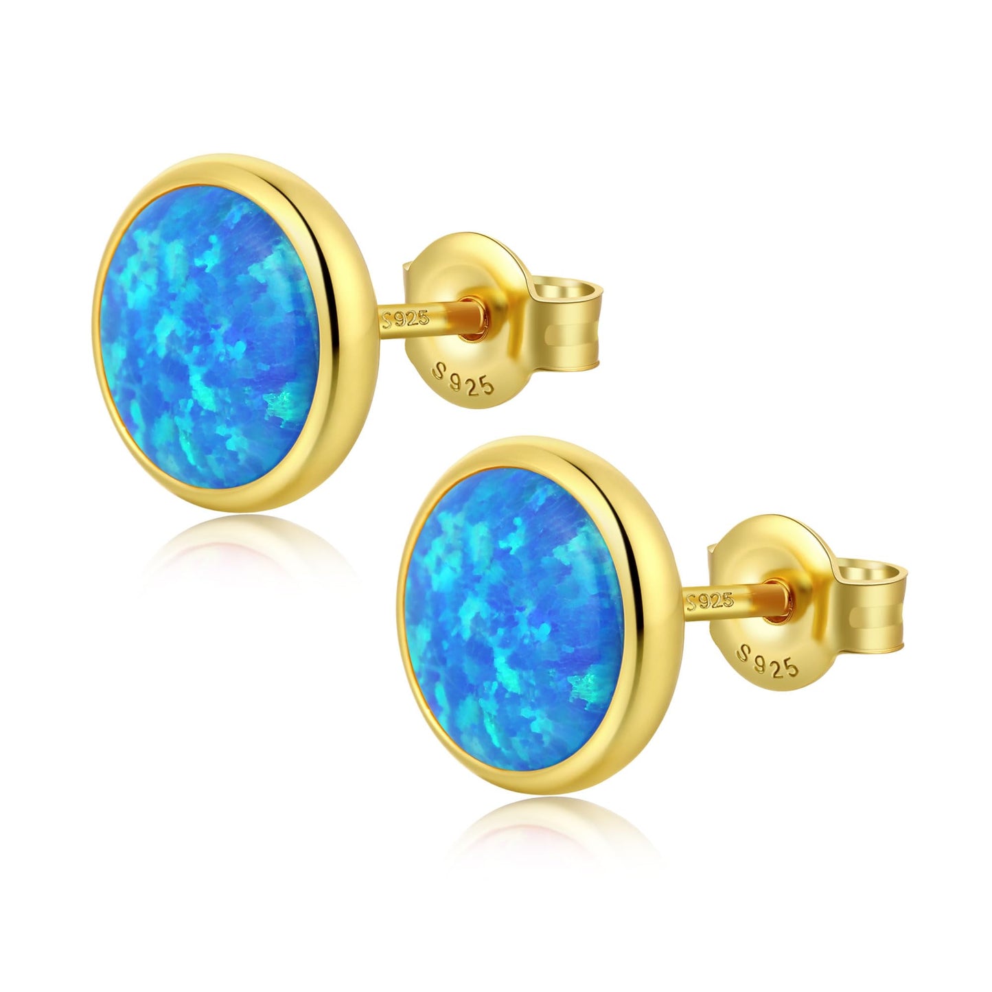 JiayangJY Silver Blue Fire Opal Stud Earrings for Women 18K Yellow Gold Plated Sterling Silver Round Shape 7mm Opal Earrings with Push Back