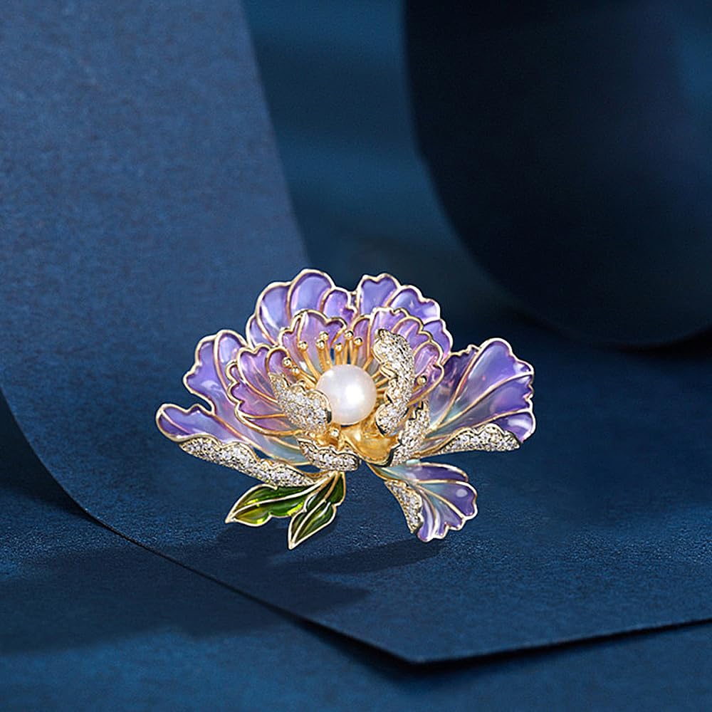 Dainty Flower Brooch Pins for Women Graceful Cubic Zircon Peony Pearl Enamel Badges Lapel Pins Trendy Banquet Prom Dress Jewelry Accessories Gift (Purple)