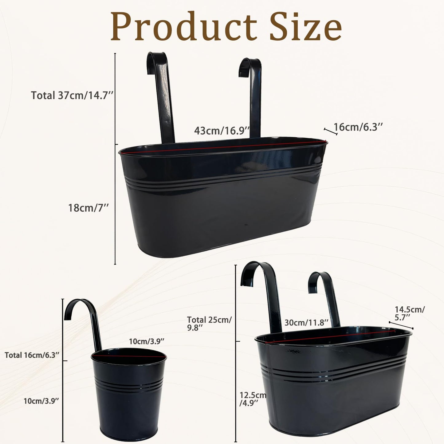 Joyfernal Set of 6 Balcony Hanging Planters, 2 Pcs 17" Metal Railing Flower Pots & 2 Pcs 12" Deck Planter & 2 Pcs 4" Fence Pot for Outdoor Patio Garden Décor, Black
