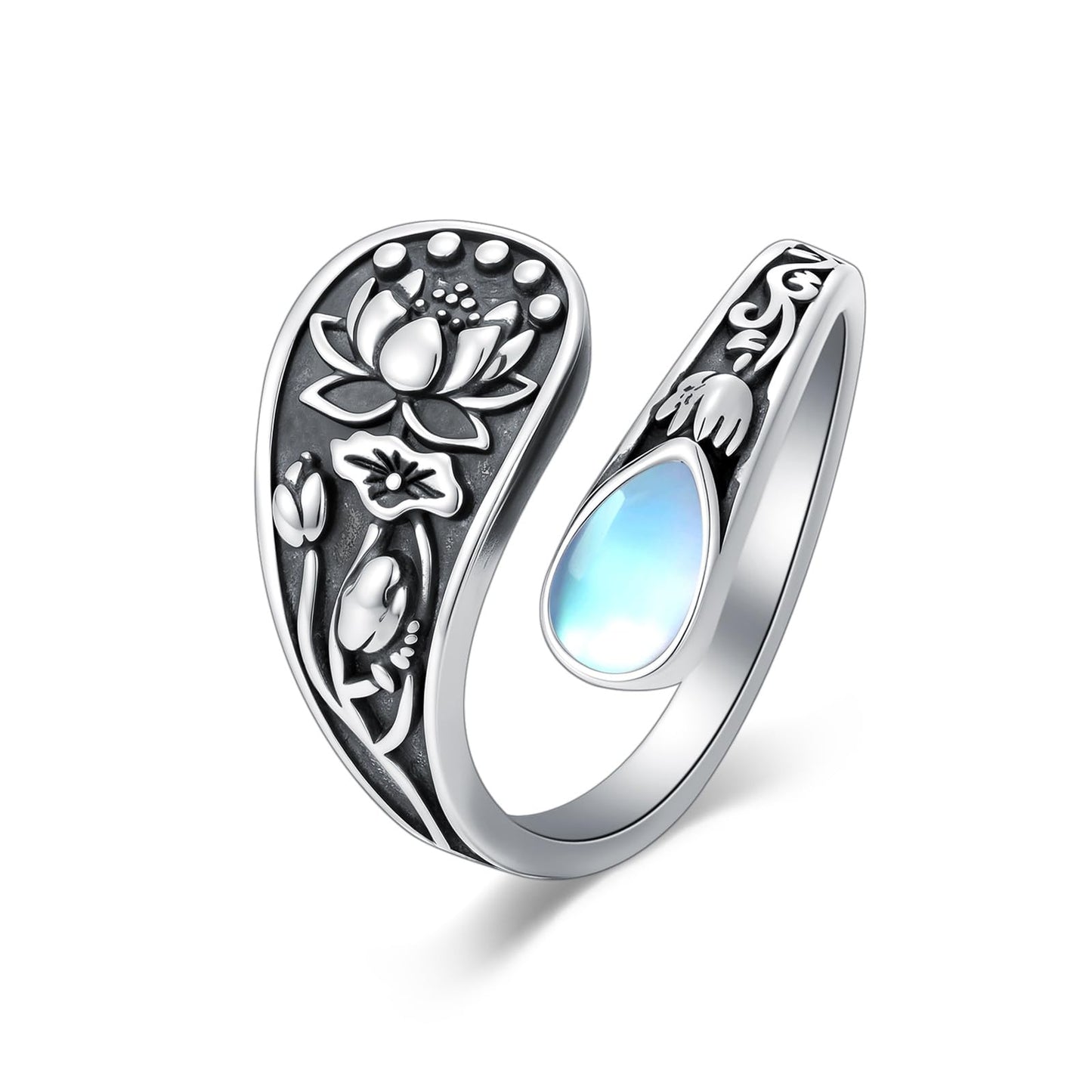 Midari Lotus Moonstone Spoon Rings for Women 925 Sterling Silver Adjustable Open Lotus Flower Finger Thumb Rings Just Breathe Jewelry for Women Yoga Lovers Birthday Christmas Gifts (with Fine Box)