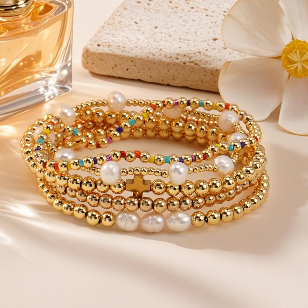 SHINUS BOHO Dainty 14K Gold Plated Pearl Beaded Cross Bracelets Stack Set for Women,Stretch Boho Christian Faith Colorful Beads Ball Jewelry Friendship Summer Trendy Gift