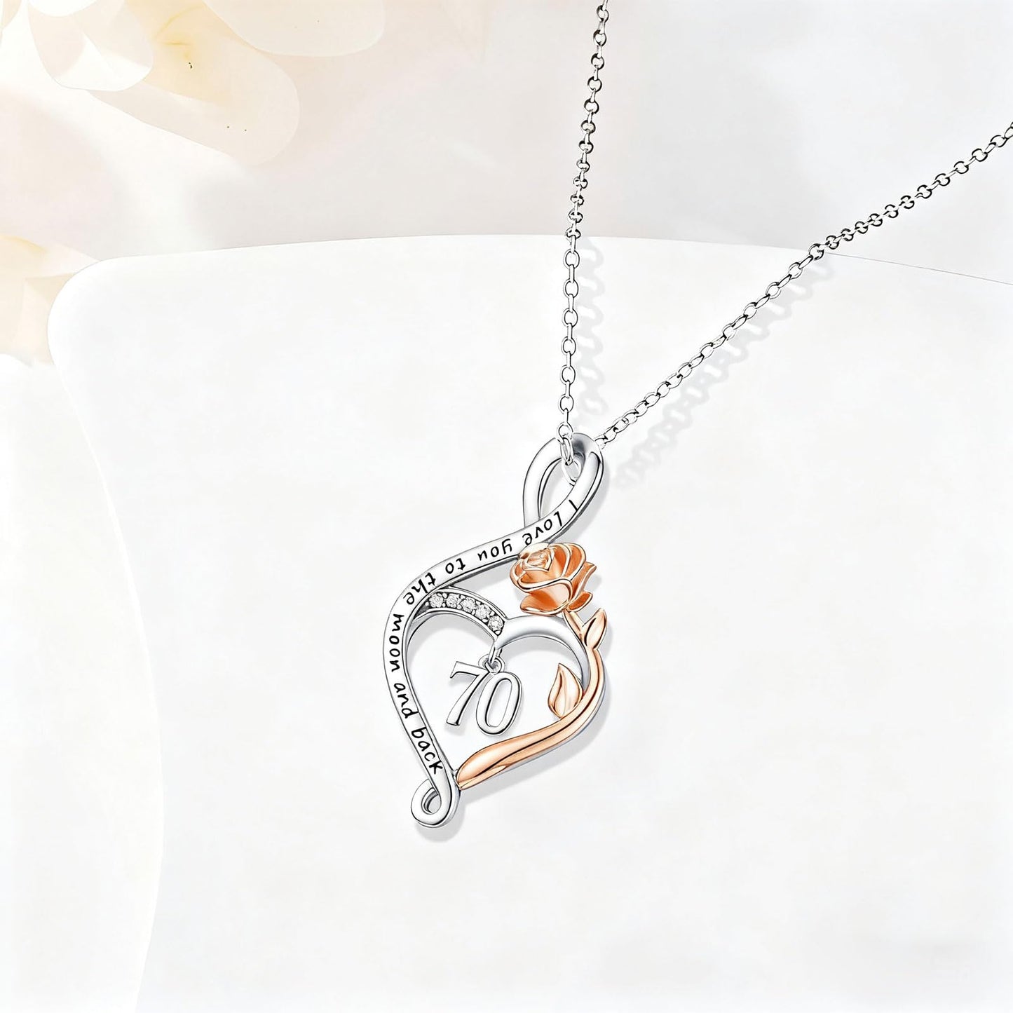 KoyeKei 70th Birthday Gifts for Women 70 Year Old Necklace 925 Sterling Silver Rose Flower Heart Infinity Pendant Jewelry Birthday Mothers Day Gifts for Wife Nana Granddaughter