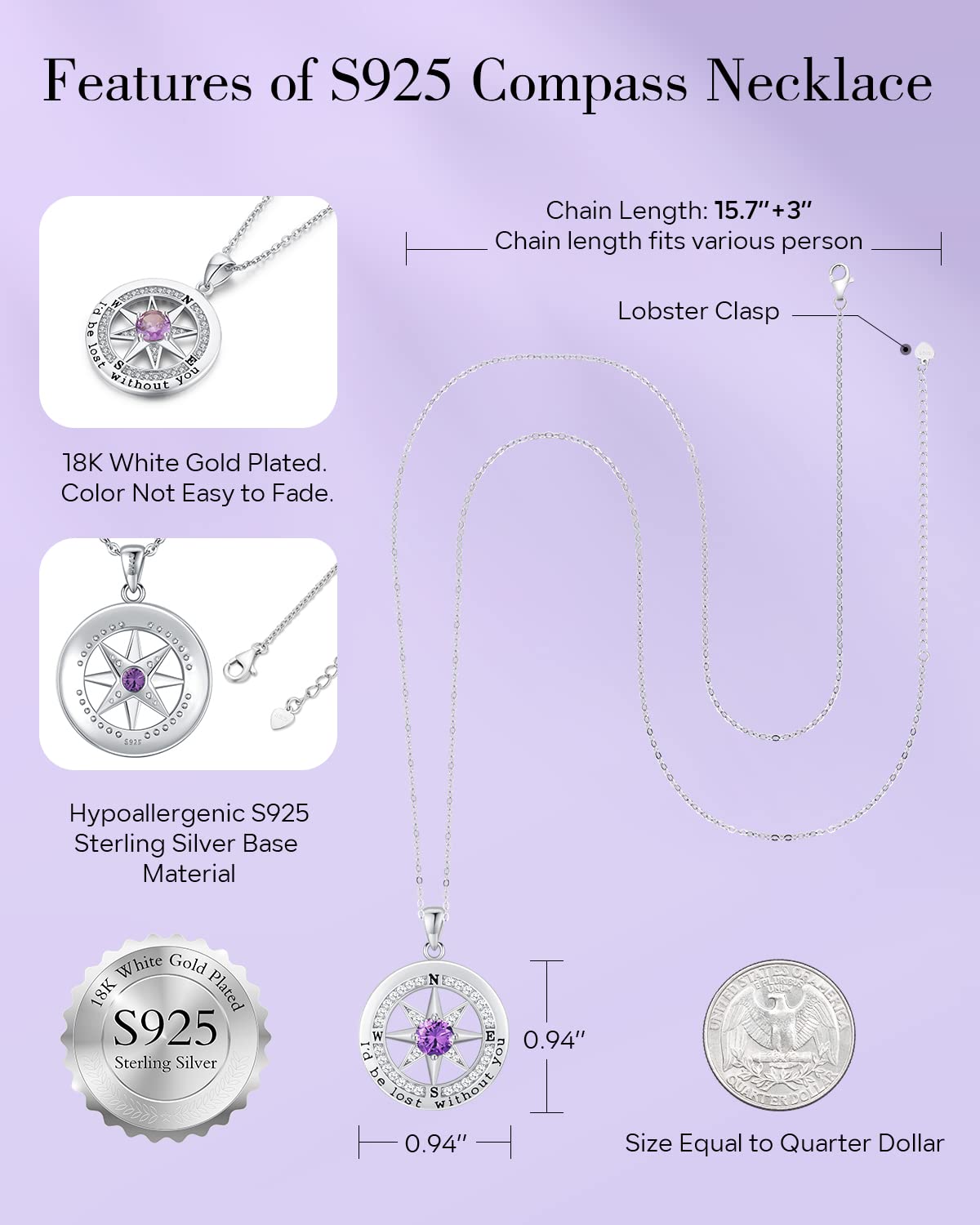S925 Sterling Silver Necklace for Wife, Women Anniversary Year Gifts Compass Jewelry, Birthday Gift Ideas for Her Girlfriend, Wedding Present, 18K White Gold February
