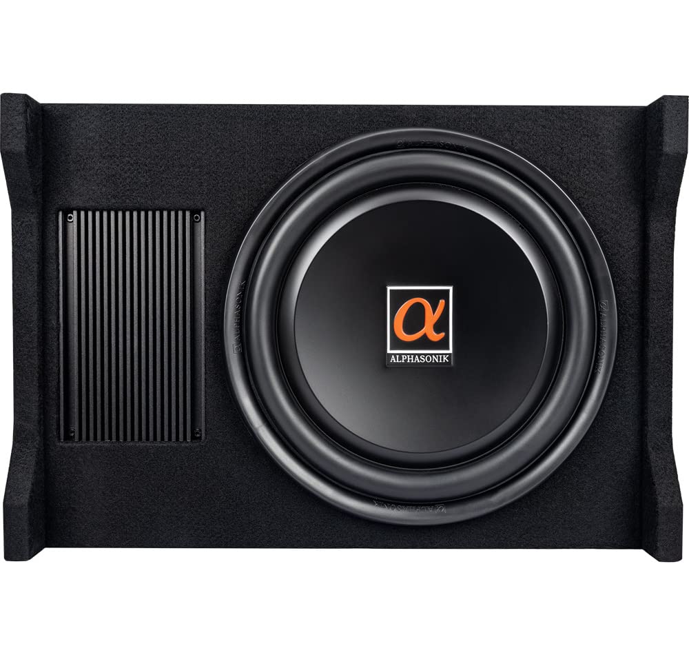 Alphasonik AS120A 12" 1500 Watts with a Built-in Amplifier Down-Firing Shallow Mount Enclosed for Tight Spaces in Cars and Trucks, Slim Thin Loaded Subwoofer Air Tight Sealed Bass Enclosure