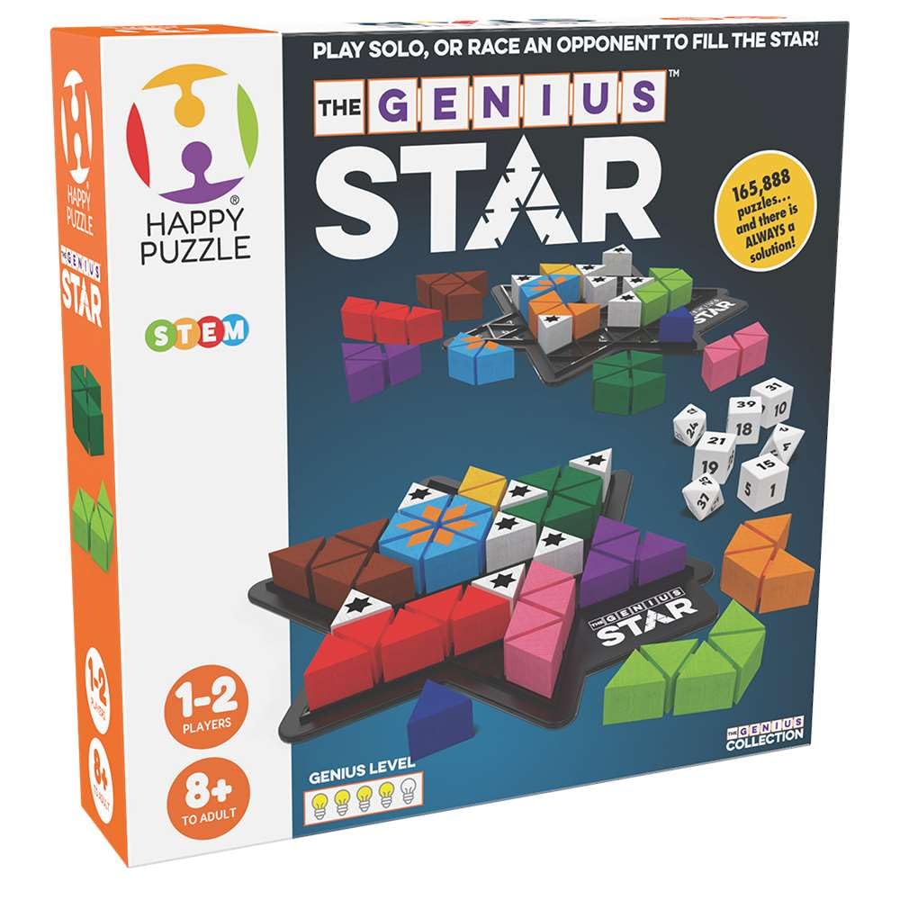 The Happy Puzzle Company The Genius Star | Toy of The Year Award Winning Family Board Game | 165,888 Possible Puzzles | Filling in Colored Shapes | Blockers to Complete A Star | Golden Star Twist