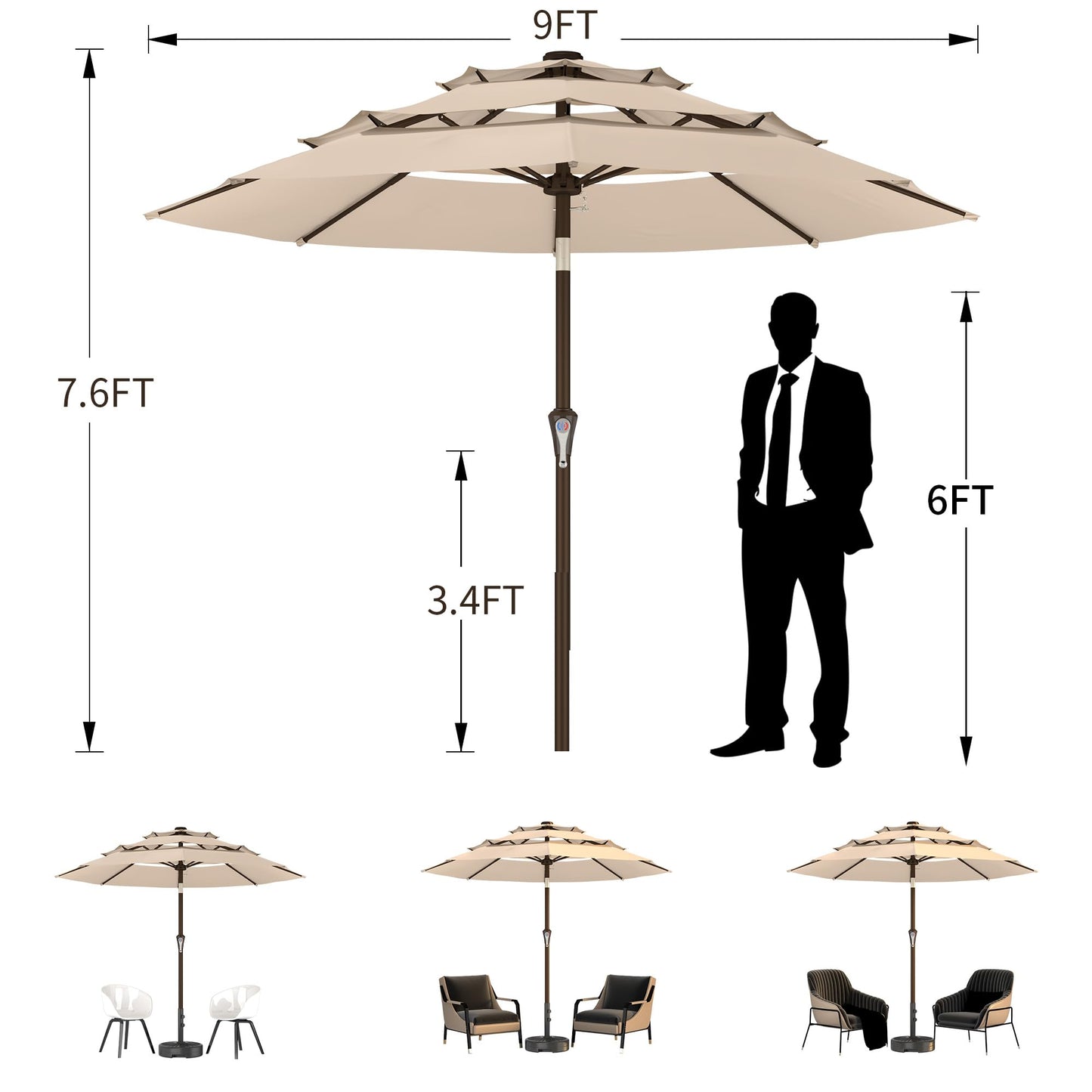 Ayge 9FT 3-Tier Large Outdoor Patio Umbrella Market Table Umbrella-UV Resistant,Easy Push Button Tilt and Crank,8 Sturdy Fiberglass Ribs Heavy-Duty Pool Umbrella for Deck,Backyard,Garden,Yard,Beige