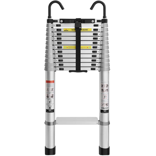 Grefinity 16.5 FT Aluminum Telescoping Ladder with Hooks, Extension Ladder with Reinforced Alloy Joints, 400 lbs Load Capacity with Non-Slip Feet, Compact Portable for Home, RV, Attic and Roof Use