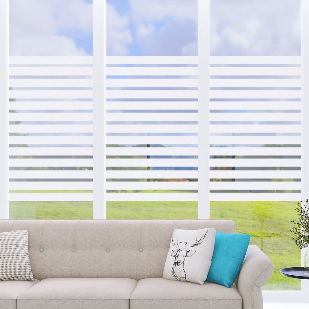 2/4 Stripe Frosted Window Film, Privacy Glass Window Sticker, Vinyl Decorative Window Decals, UV Protection Static Clings No-Glue Removable Window Film for Home Office Meeting Room(35.4 x 78.7 inch)