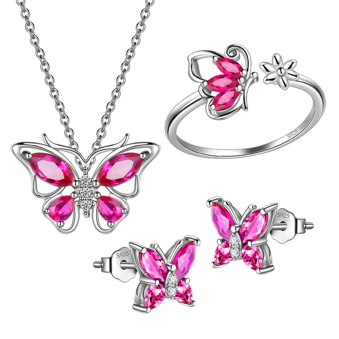 Hipunk Butterfly Red Jewelry Sets Birthstone Women 925 Sterling Silver July-Ruby Birth Stone Animal Butterflies Jewelry Sets/Earring/Ring Set Crystal Birthday Jewelry SS0002R