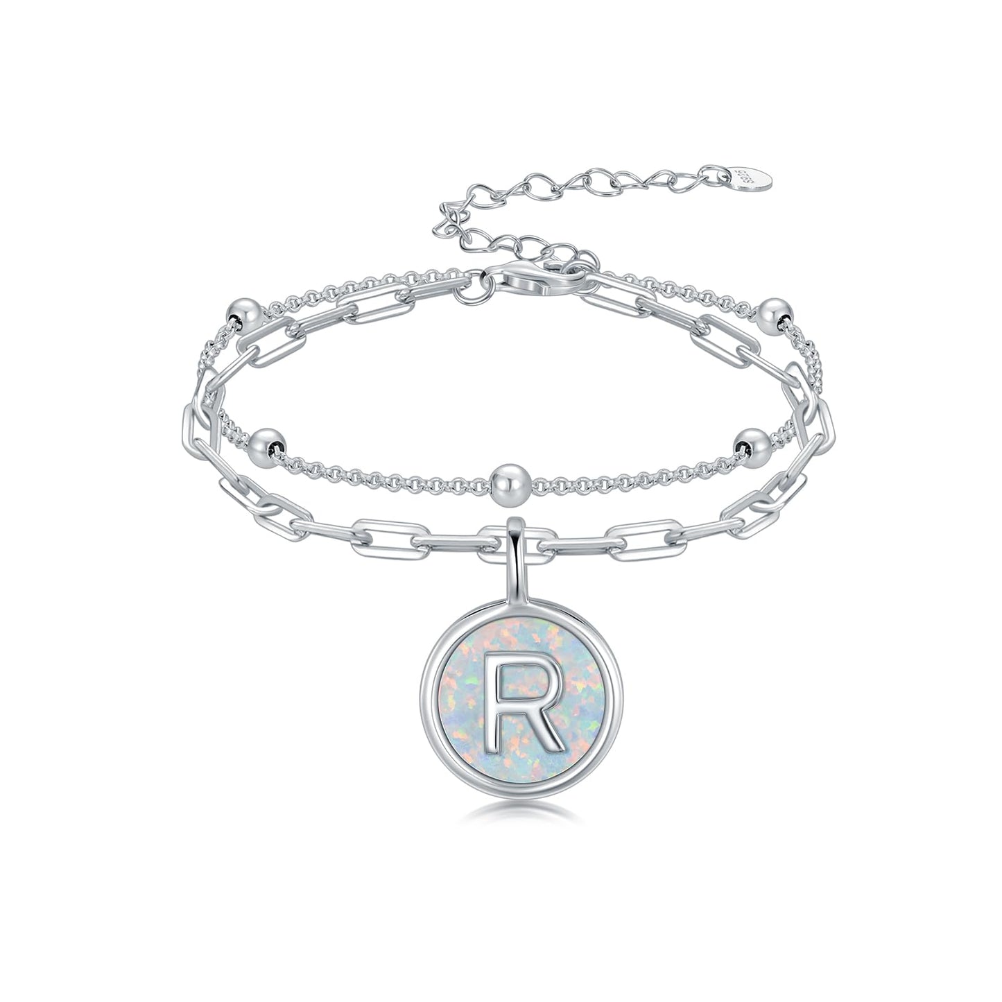 LWQQWL Initial R Bracelet for Women 925 Sterling Silver Layered Initial Bracelet Opal Letter 26 Alphabet Jewelry Christmas Gifts