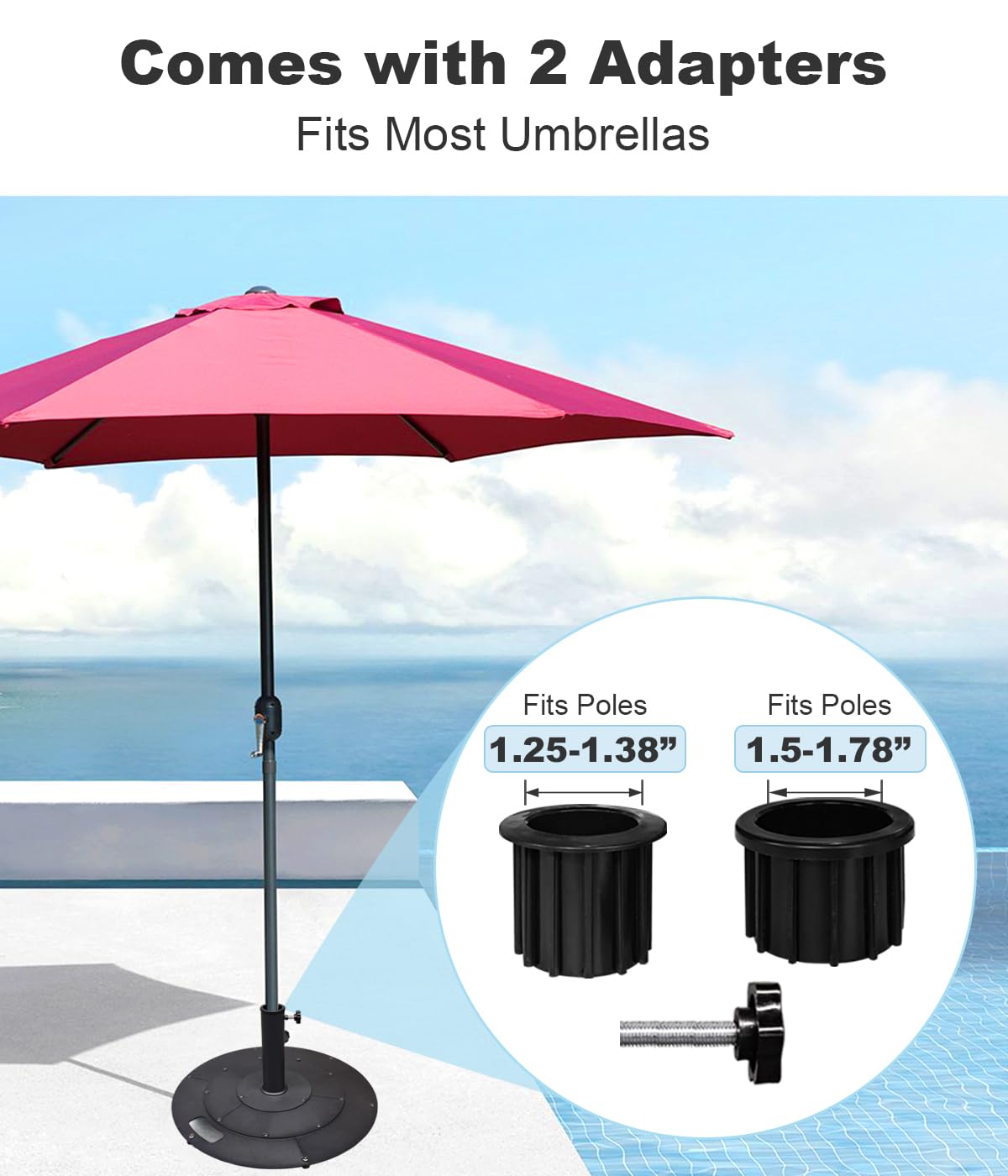 Koutemie 21 Inches Metal Umbrella Base with 2 Adapters for 1-¼" or 1-½" Umbrella Poles, Heavy Duty Weighted Outdoor Umbrella Stand Holder for Patio Table, Black