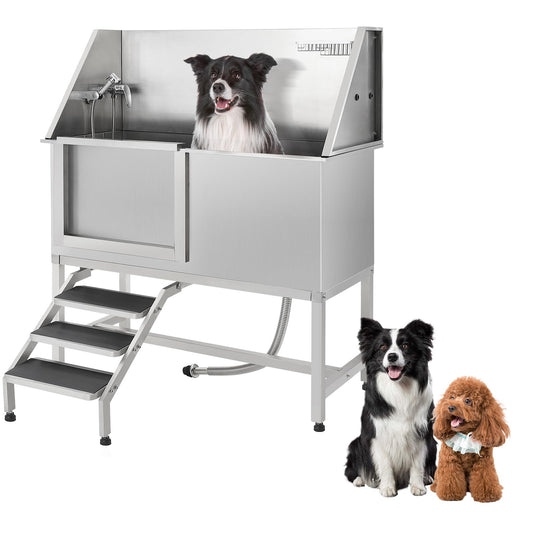 Patikuin Professional Stainless Steel Dog Grooming Bath Tub – Slide-in Ramp, Non-Slip Grate, Adjustable Height, Shower, Soap Box, Faucet – for Small, Medium & Large Breeds – Polishing Process Silver,