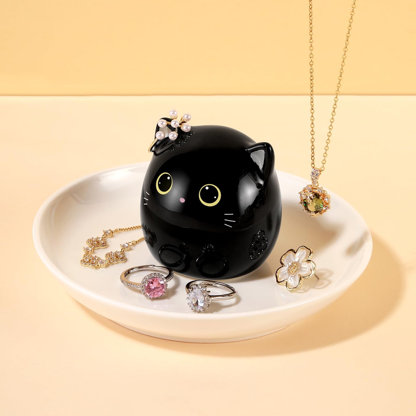 PUDDING CABIN Cat Lover Gifts for Women, Black Cat Ring Holder Dish for Jewelry Rings Earrings Necklace Watch Keys, Birthday Christmas Engagement Wedding Gifts