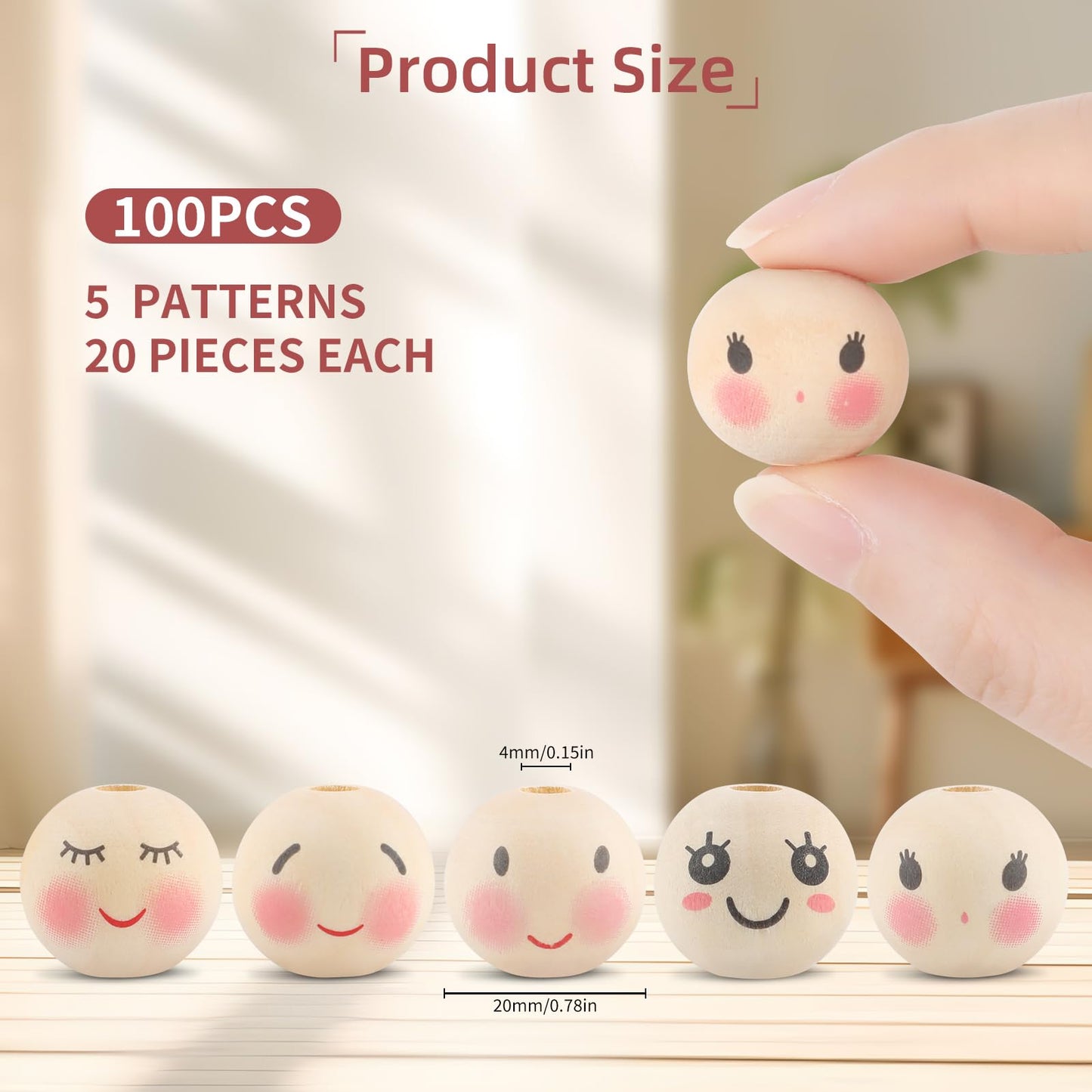 100PCS Wooden Beads for Crafts, 20mm Smile Wooden Beads with Holes, Natural Round Face Wood Bead for DIY Crafts, Jewelry Making, Angel Decorations(Style 2)